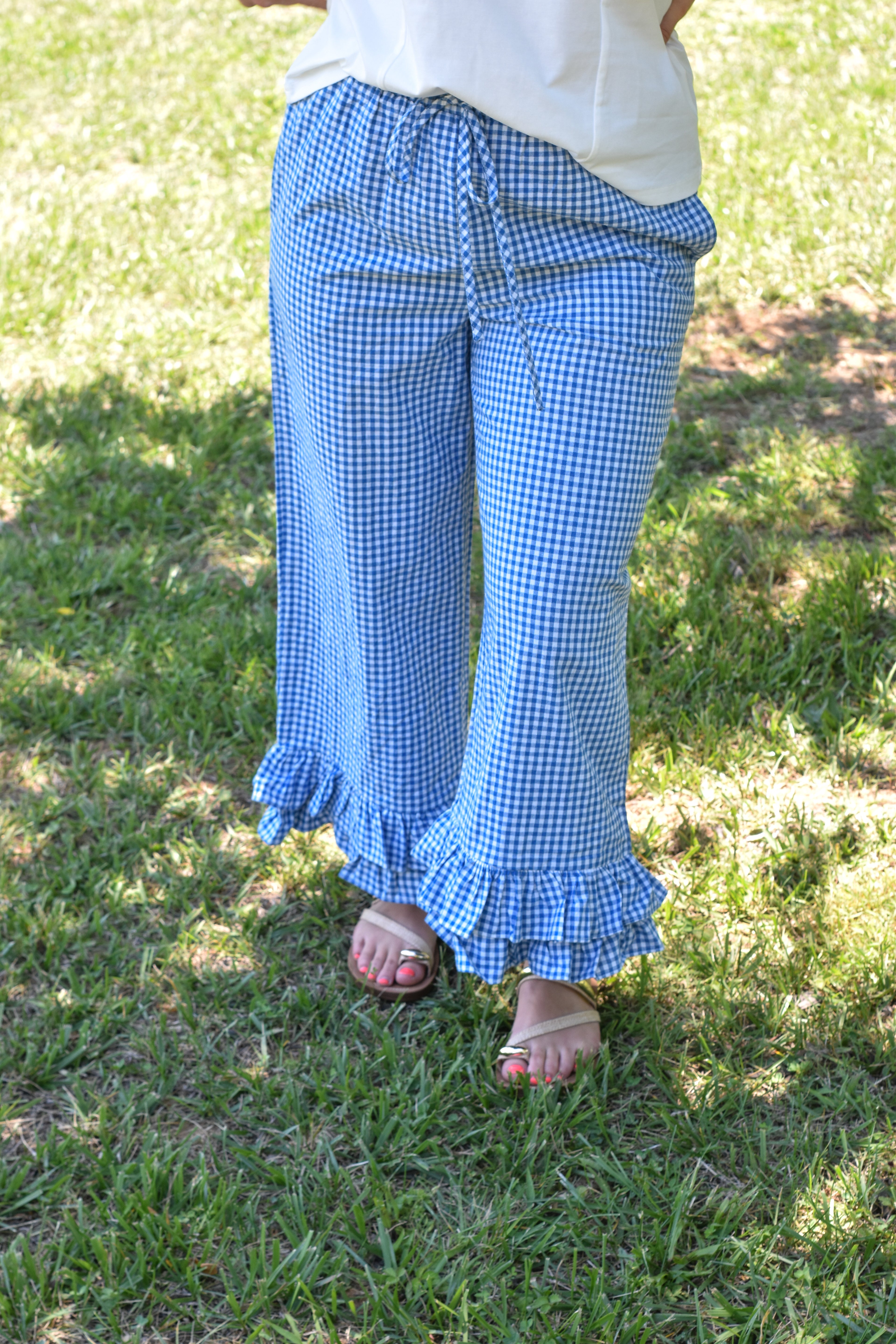 Gingham Casual Ruffled Hem 100%Cotton Cropped Pants