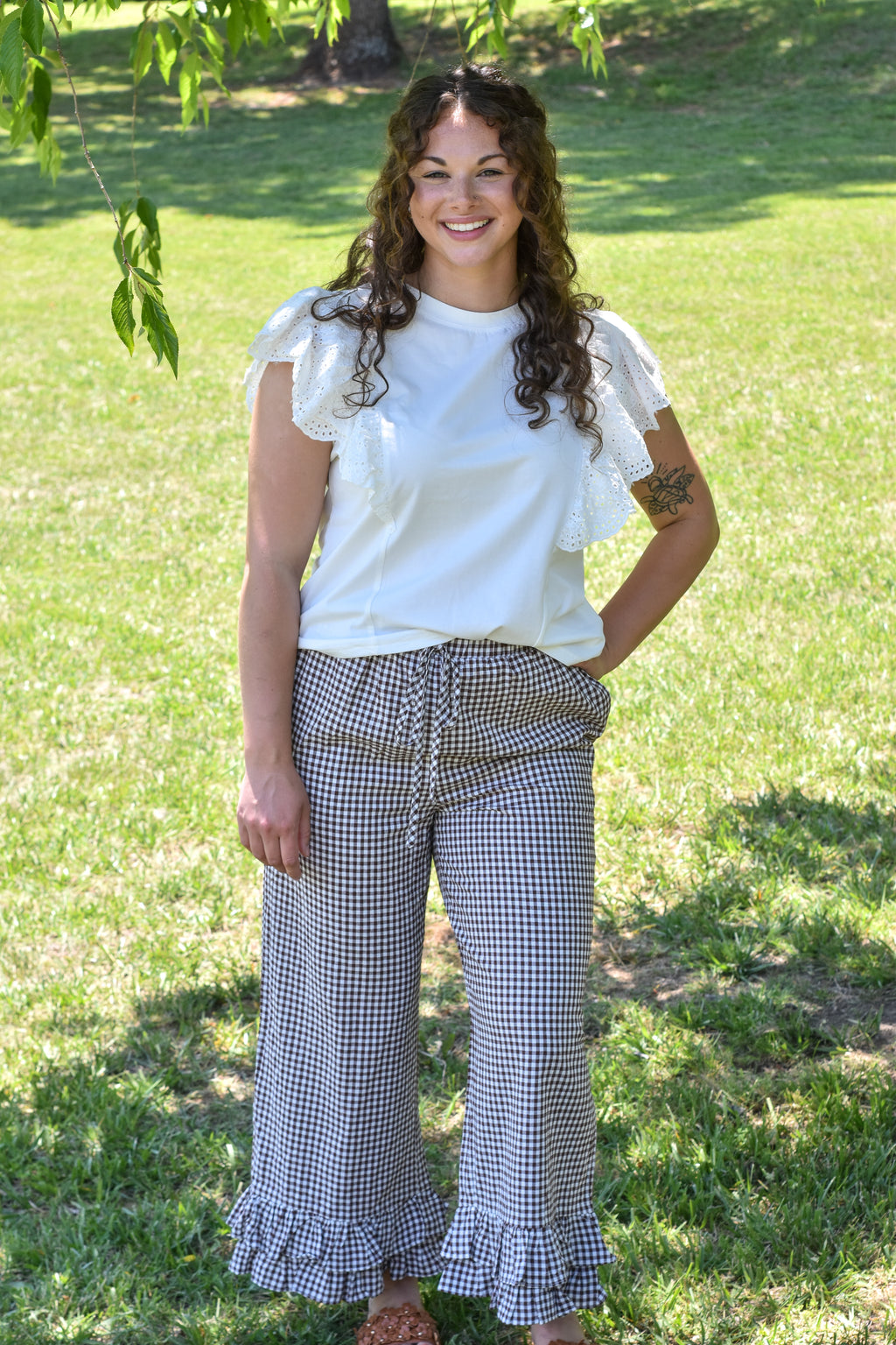 Gingham Casual Ruffled Hem 100%Cotton Cropped Pants