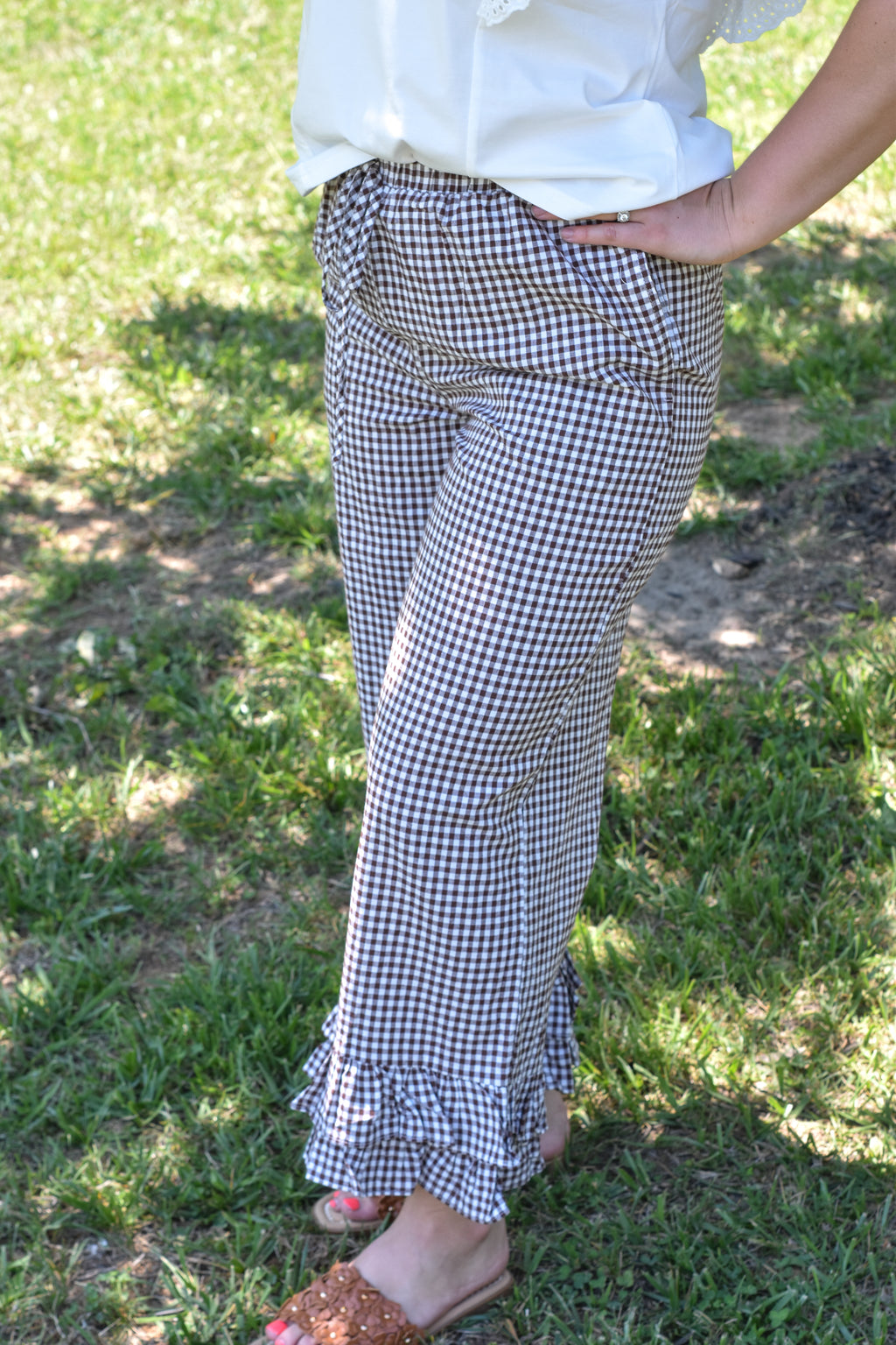 Gingham Casual Ruffled Hem 100%Cotton Cropped Pants
