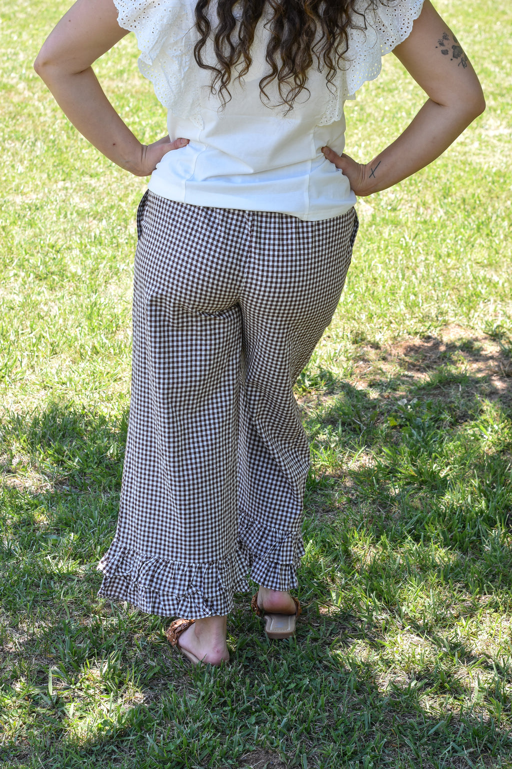 Gingham Casual Ruffled Hem 100%Cotton Cropped Pants