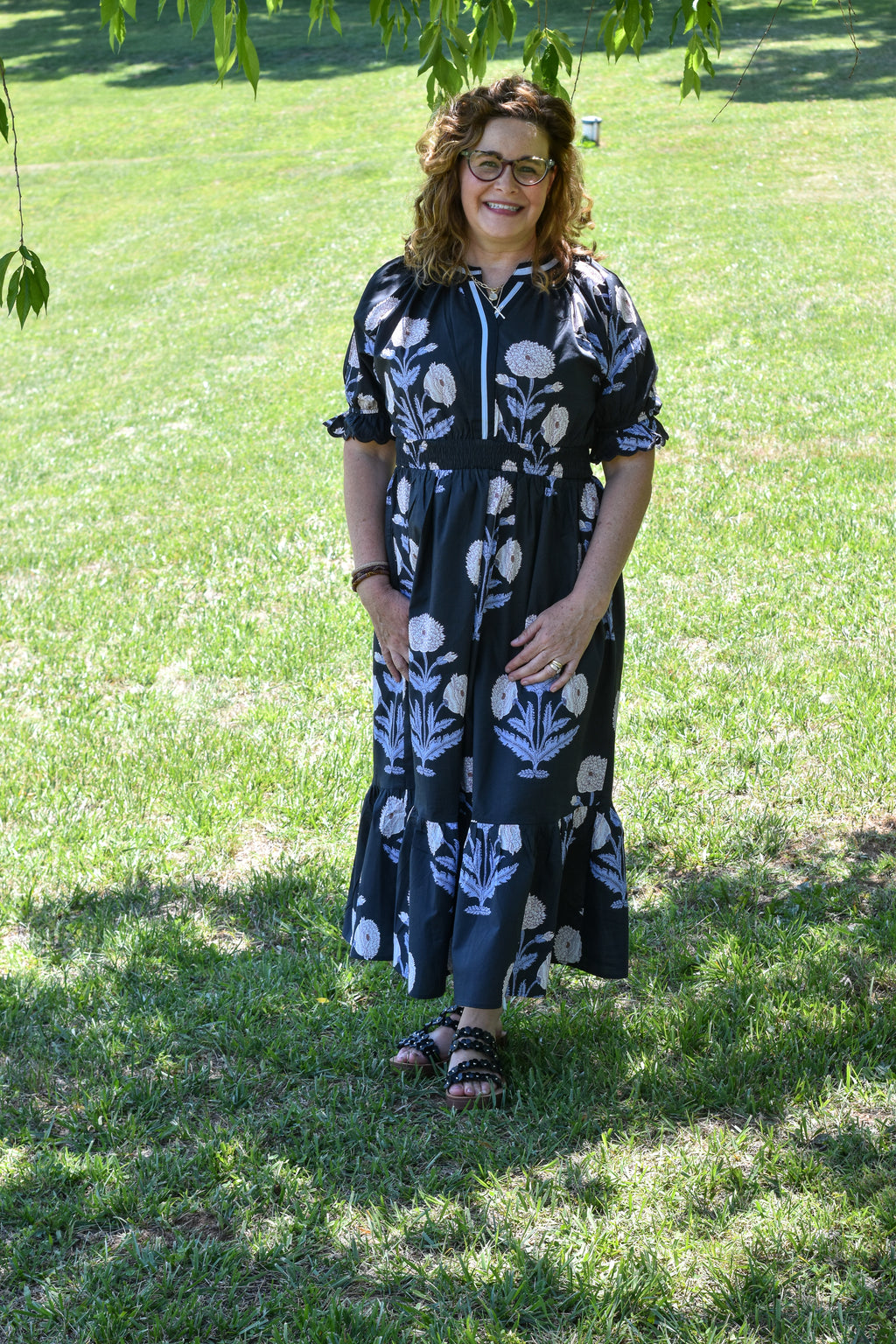 Floral Smocked Midi Dress - Black/Blue