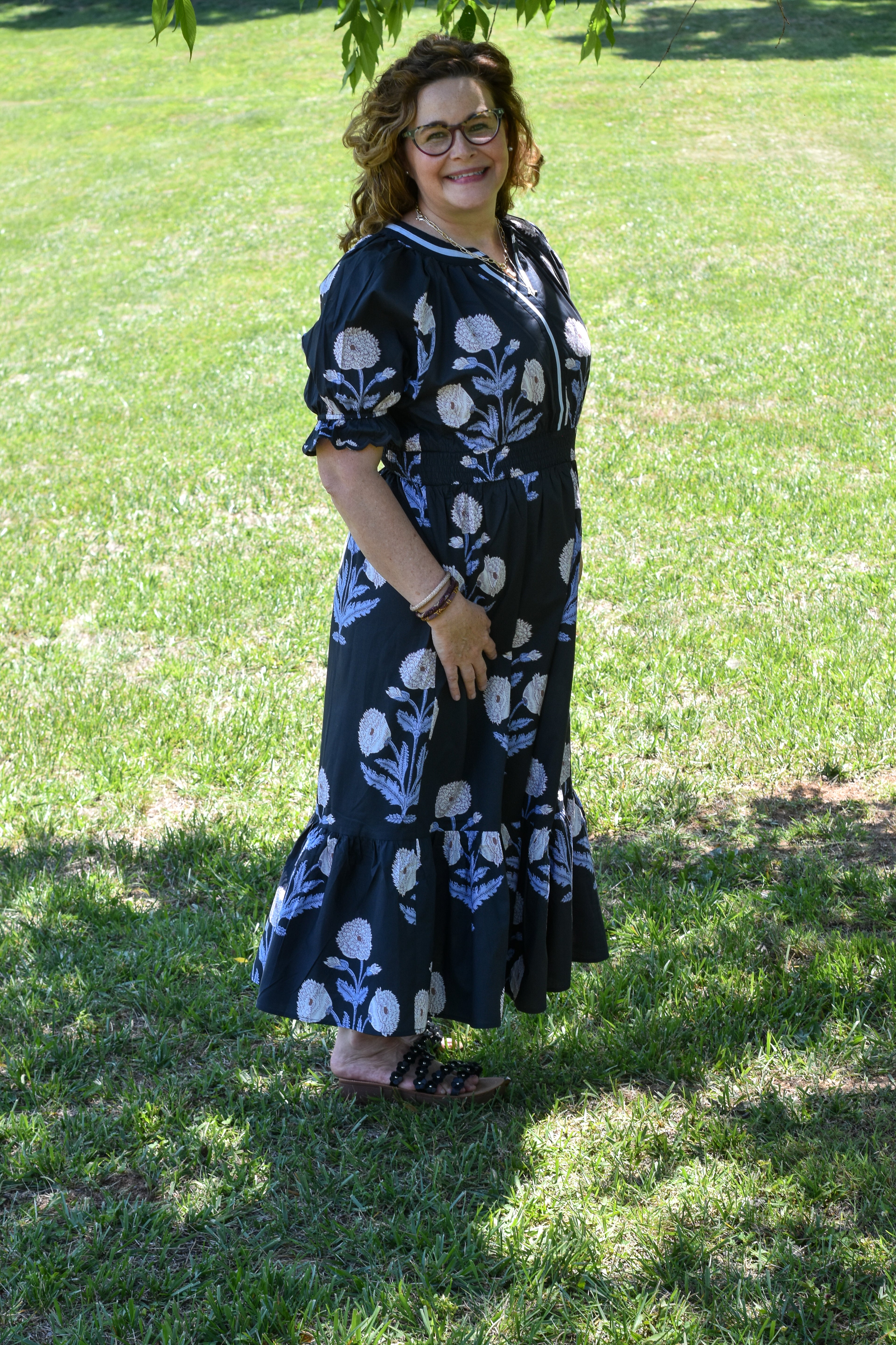 Floral Smocked Midi Dress - Black/Blue