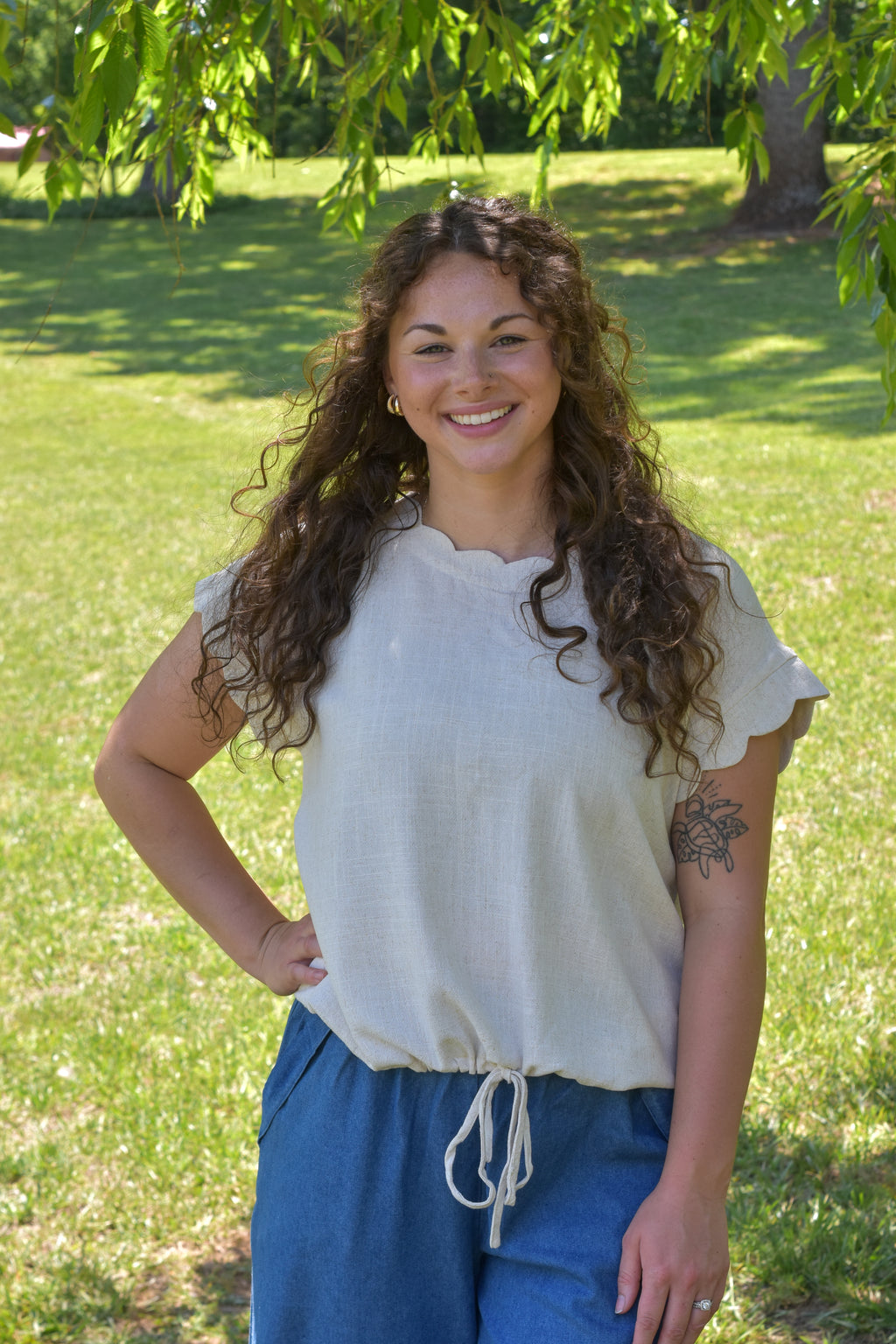 Linen Blend Rolled Sleeve Top: Oatmeal