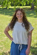 Linen Blend Rolled Sleeve Top: Oatmeal