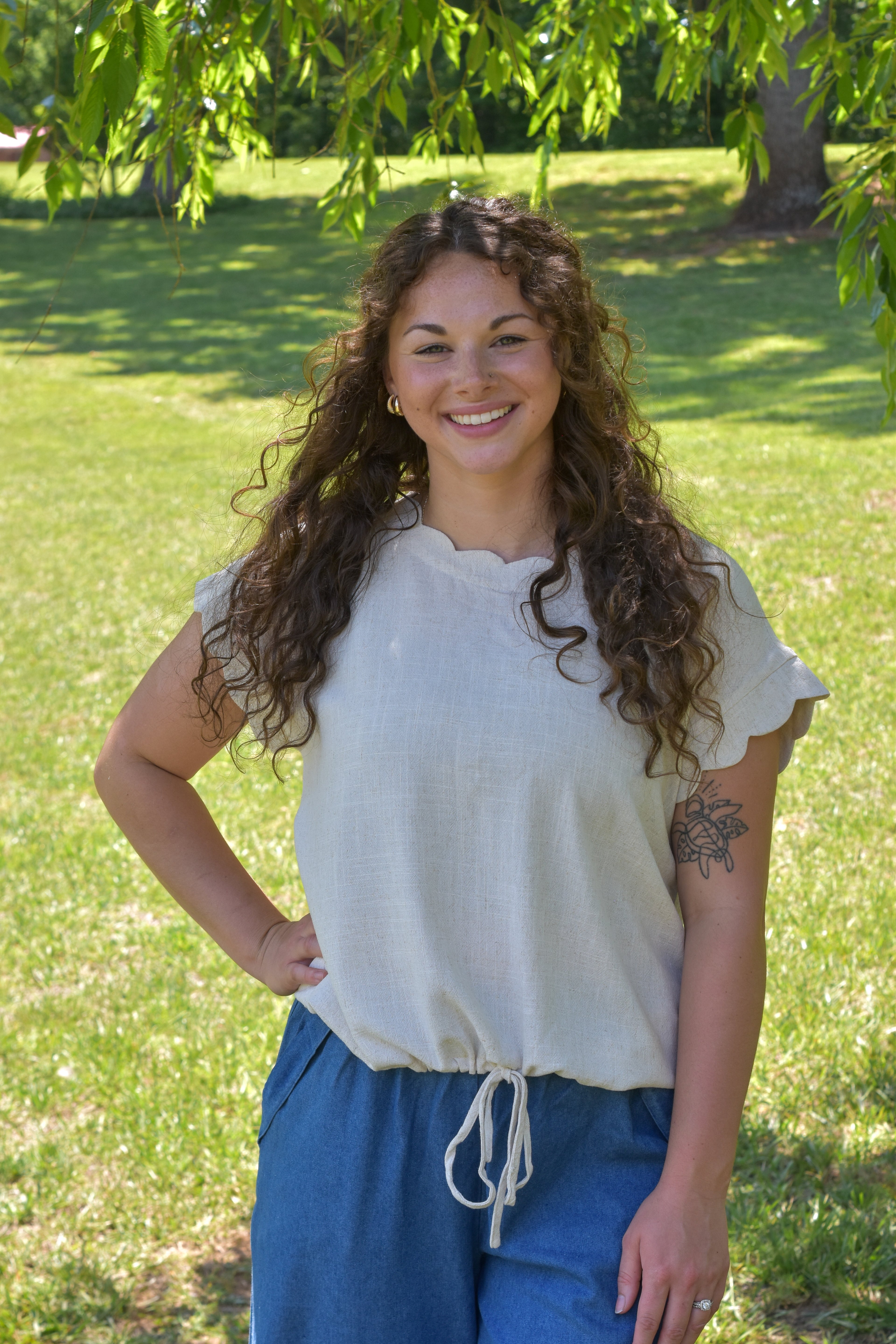 Linen Blend Rolled Sleeve Top: Oatmeal