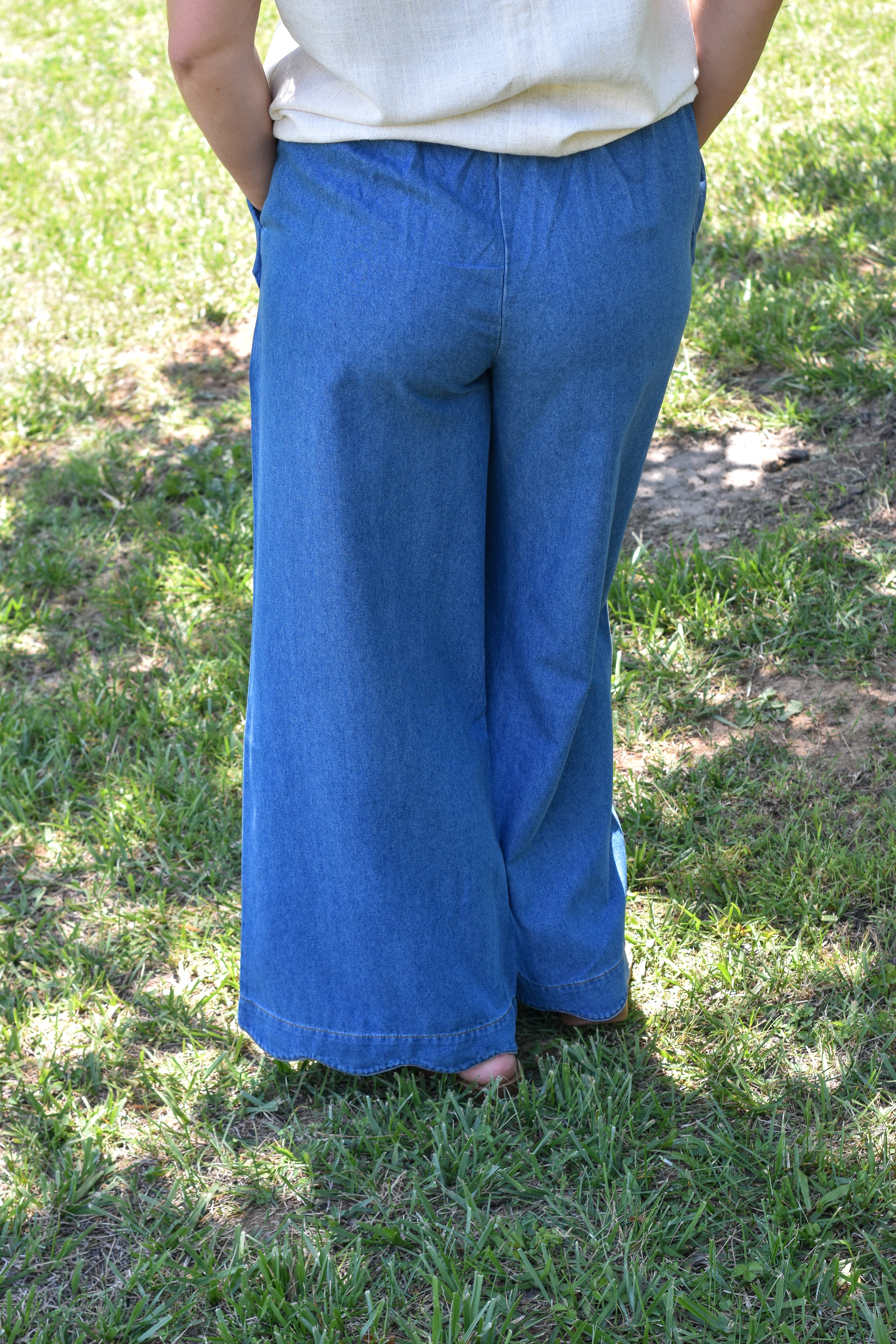 Chambray Scalloped Hem Pants - Denim