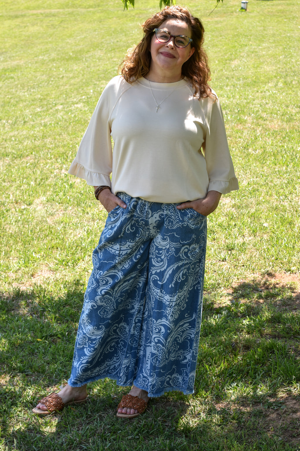 Round Neck Ruffle Tier Raglan Sleeve Top - Cream