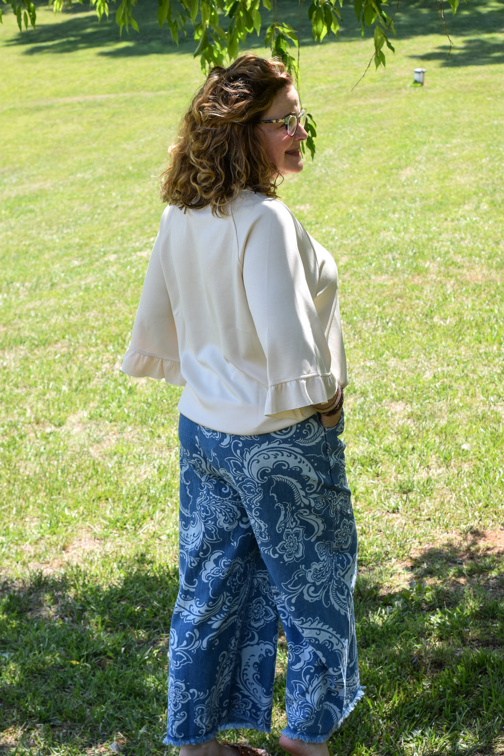 Round Neck Ruffle Tier Raglan Sleeve Top - Cream