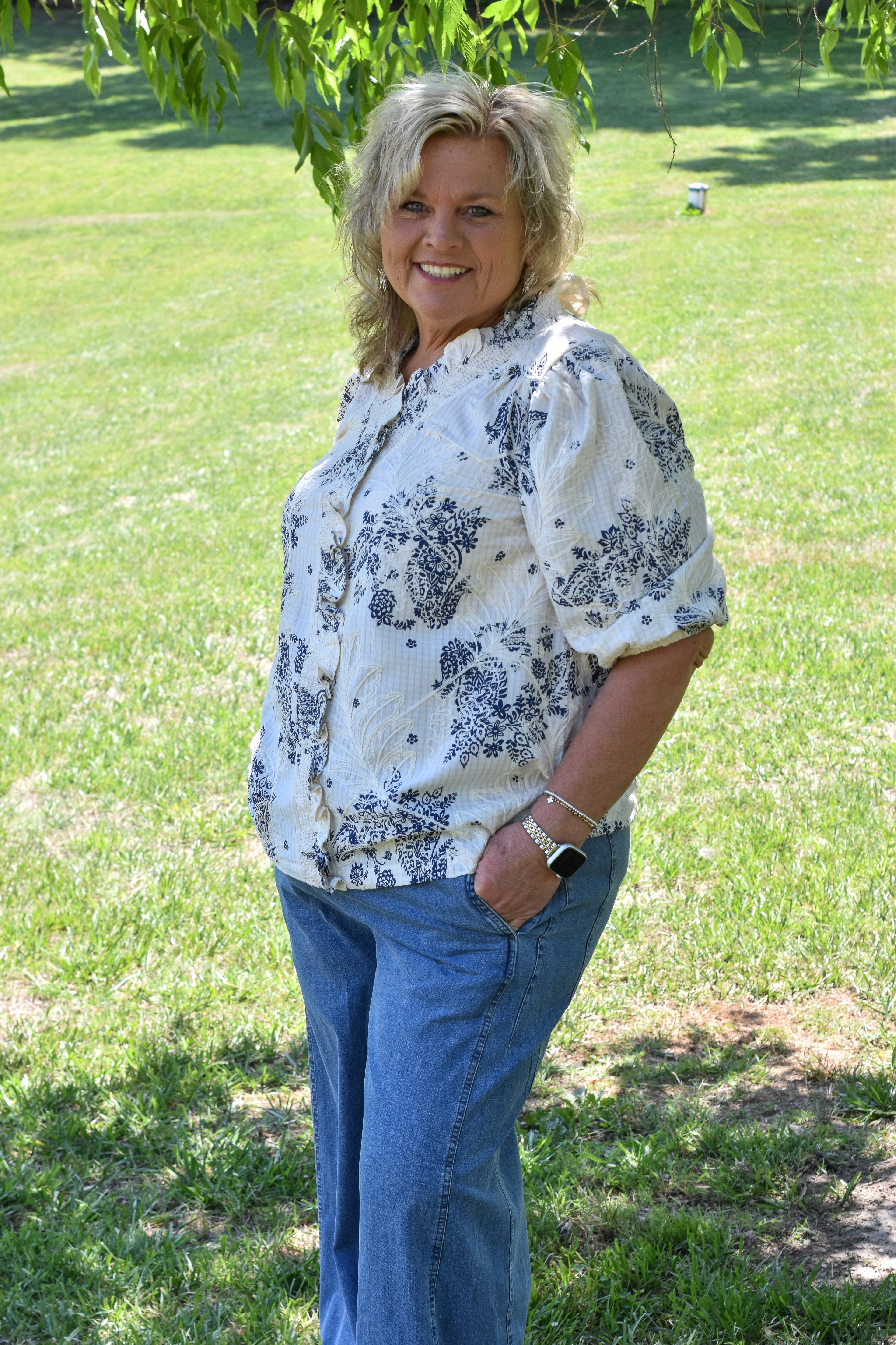 Floral Embroidered Blouse with Ruffle Trim