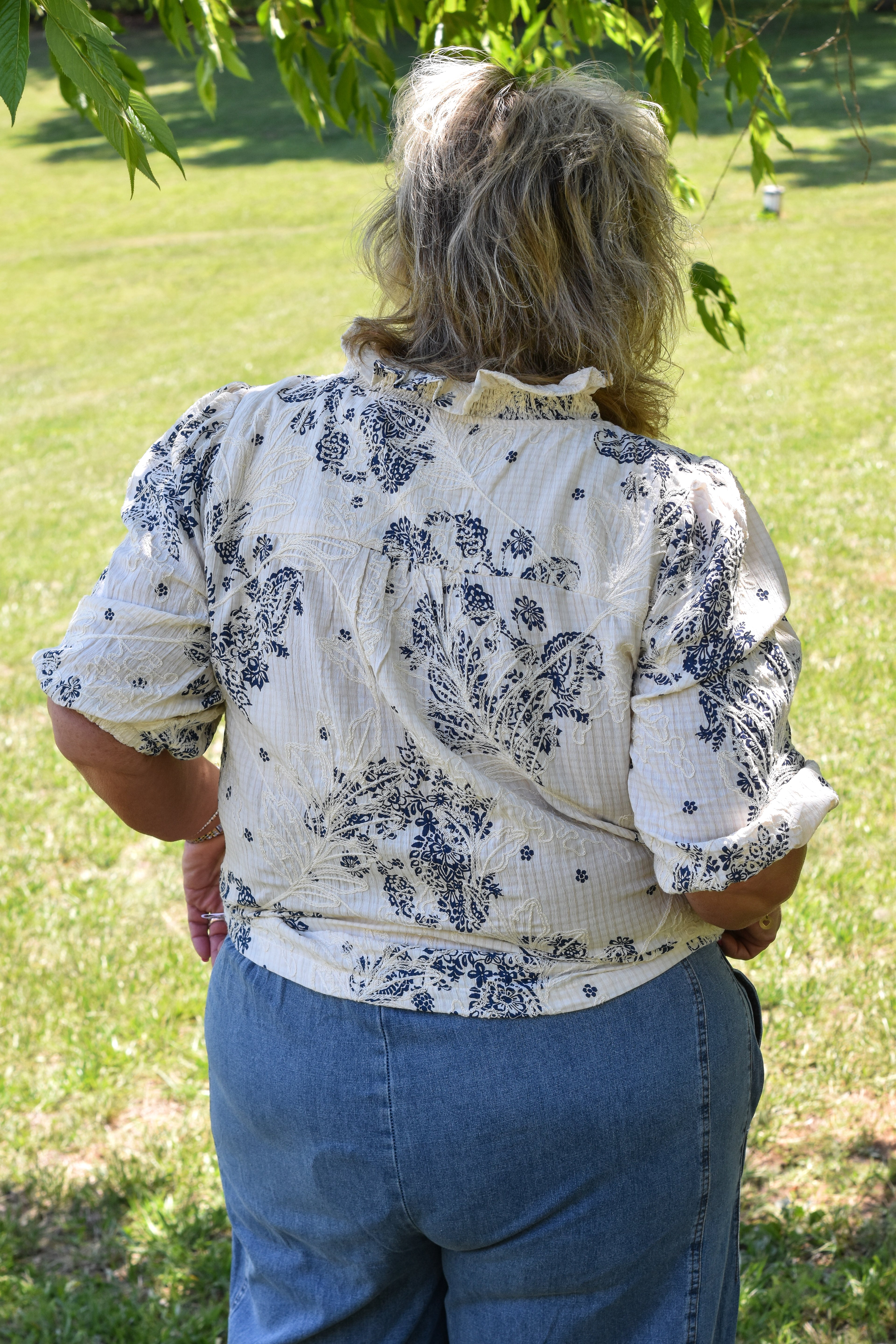 Floral Embroidered Blouse with Ruffle Trim