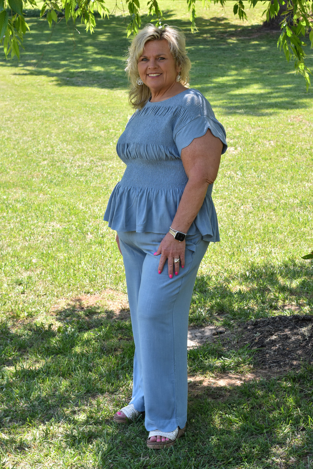 Linen Blend Scallop Hem Wide Leg Pants: Steel Blue