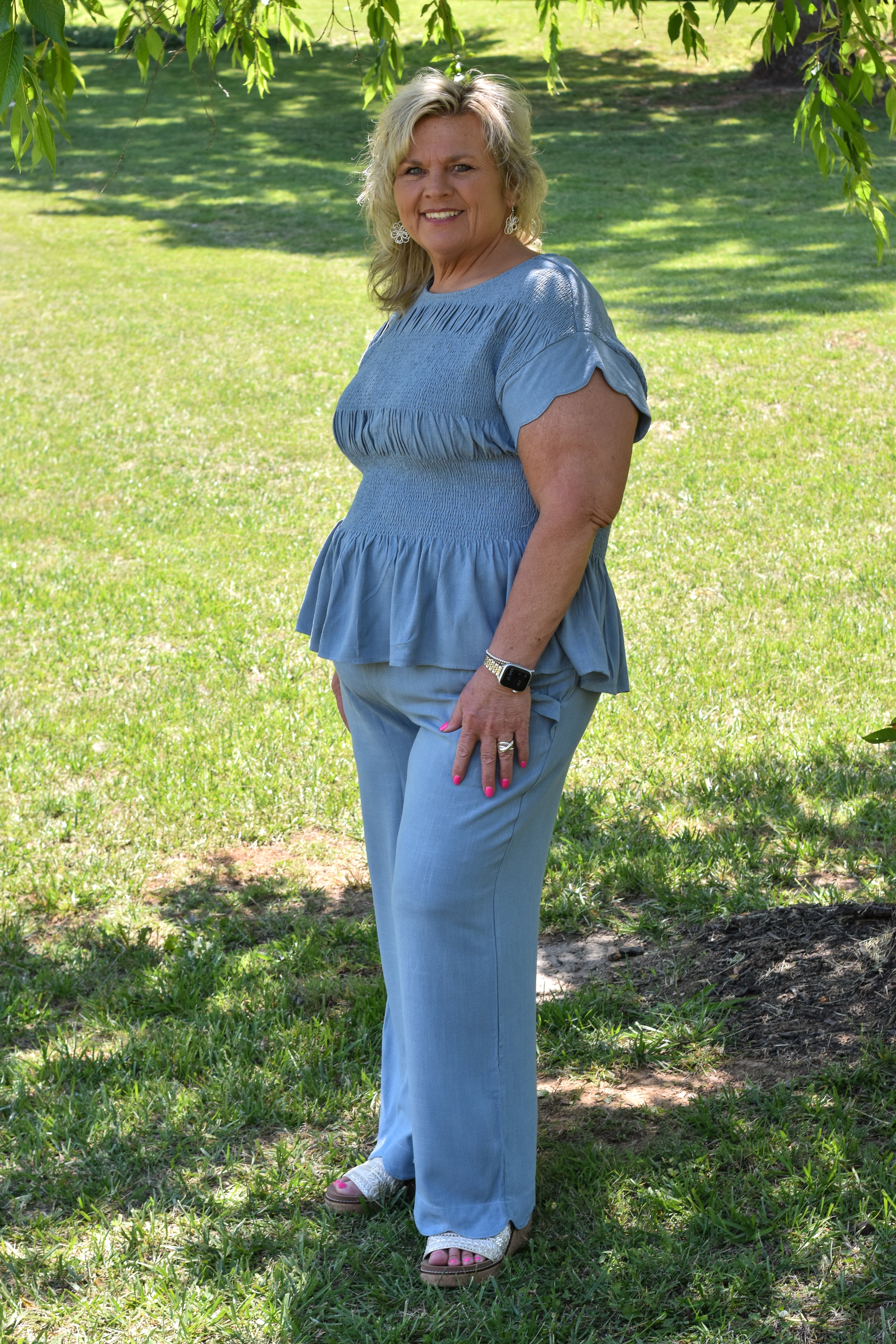 Linen Blend Scallop Hem Wide Leg Pants: Steel Blue