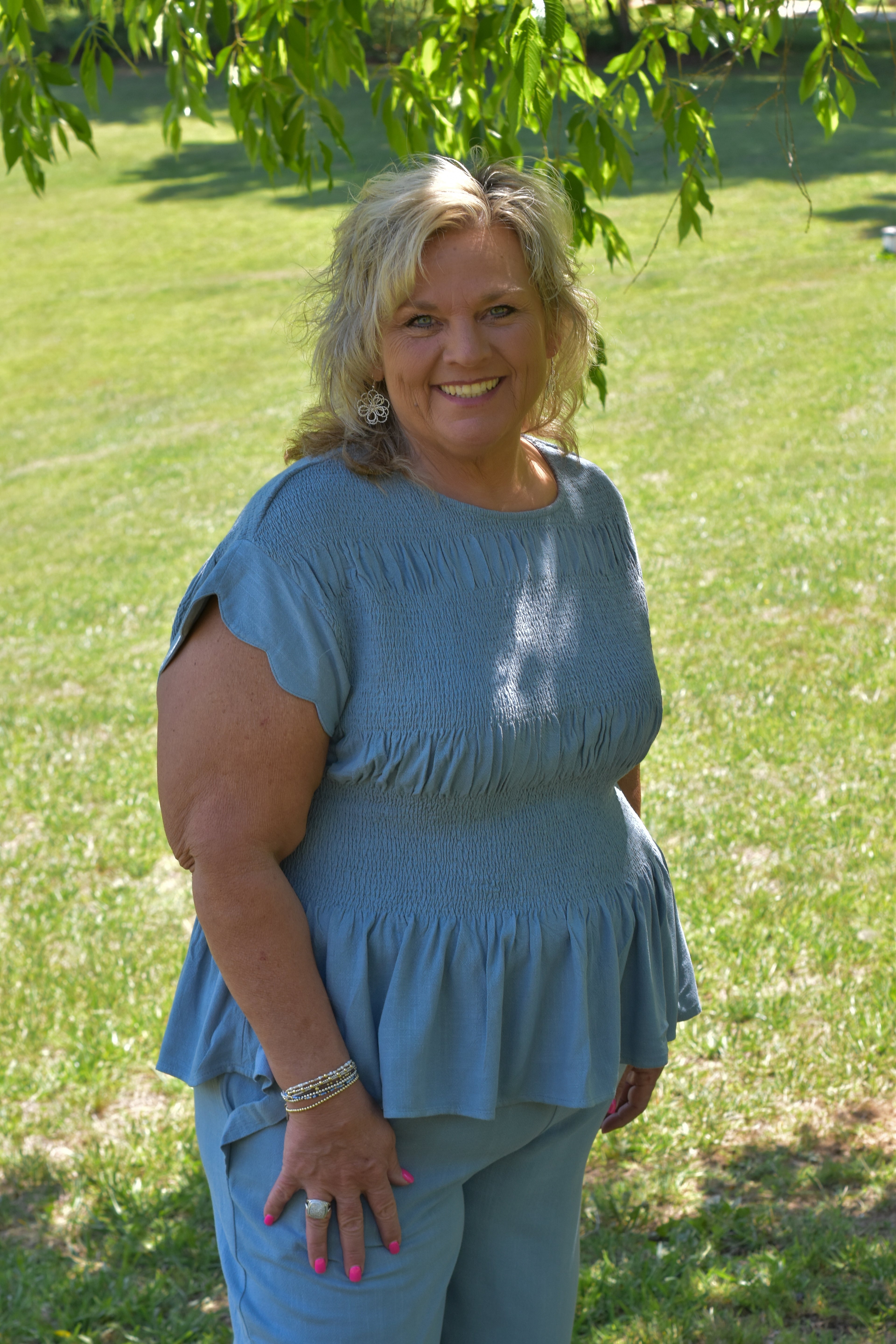 Linen Blend Smocked Peplum Top: Steel Blue