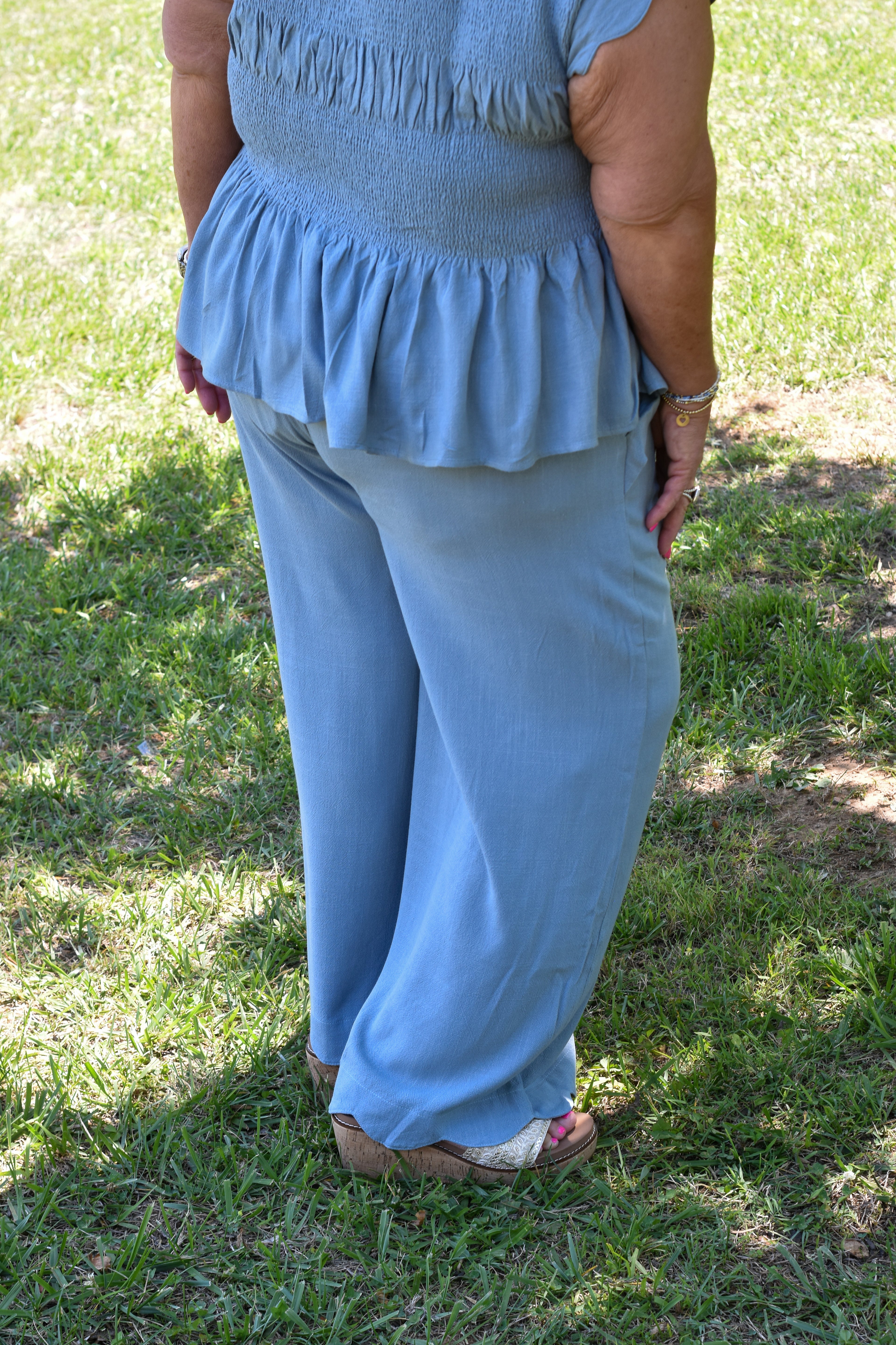 Linen Blend Scallop Hem Wide Leg Pants: Steel Blue