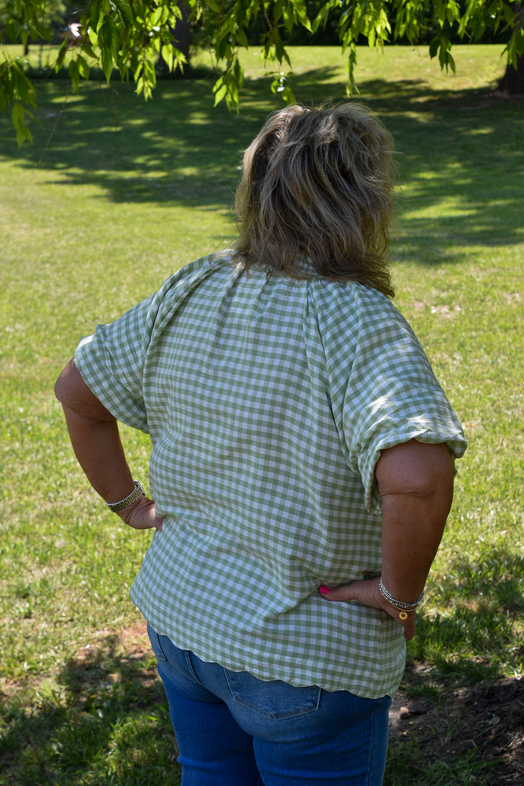 Gingham Bubble Sleeve V-Neck Top w/ Scallop Hem