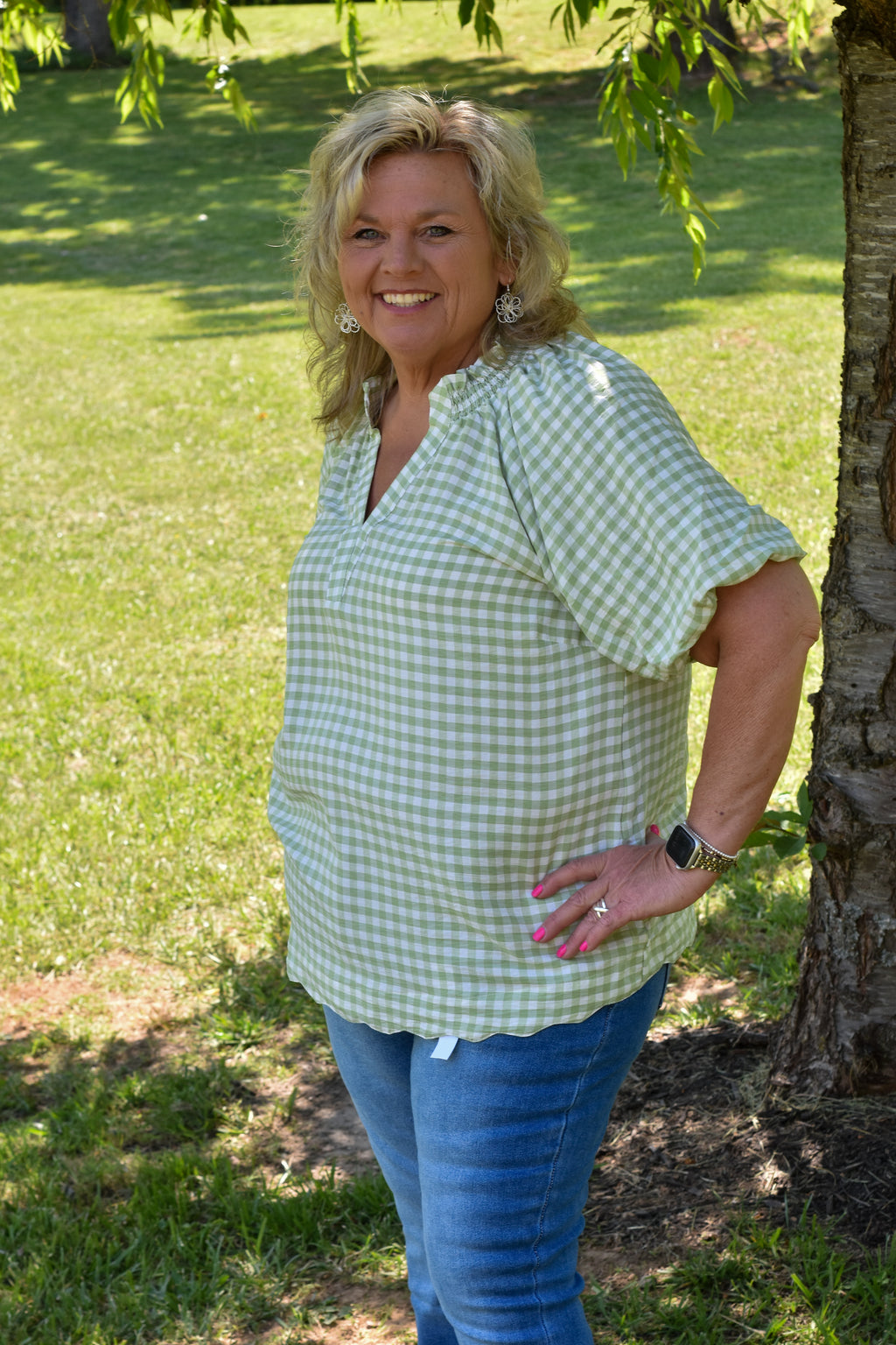Gingham Bubble Sleeve V-Neck Top w/ Scallop Hem