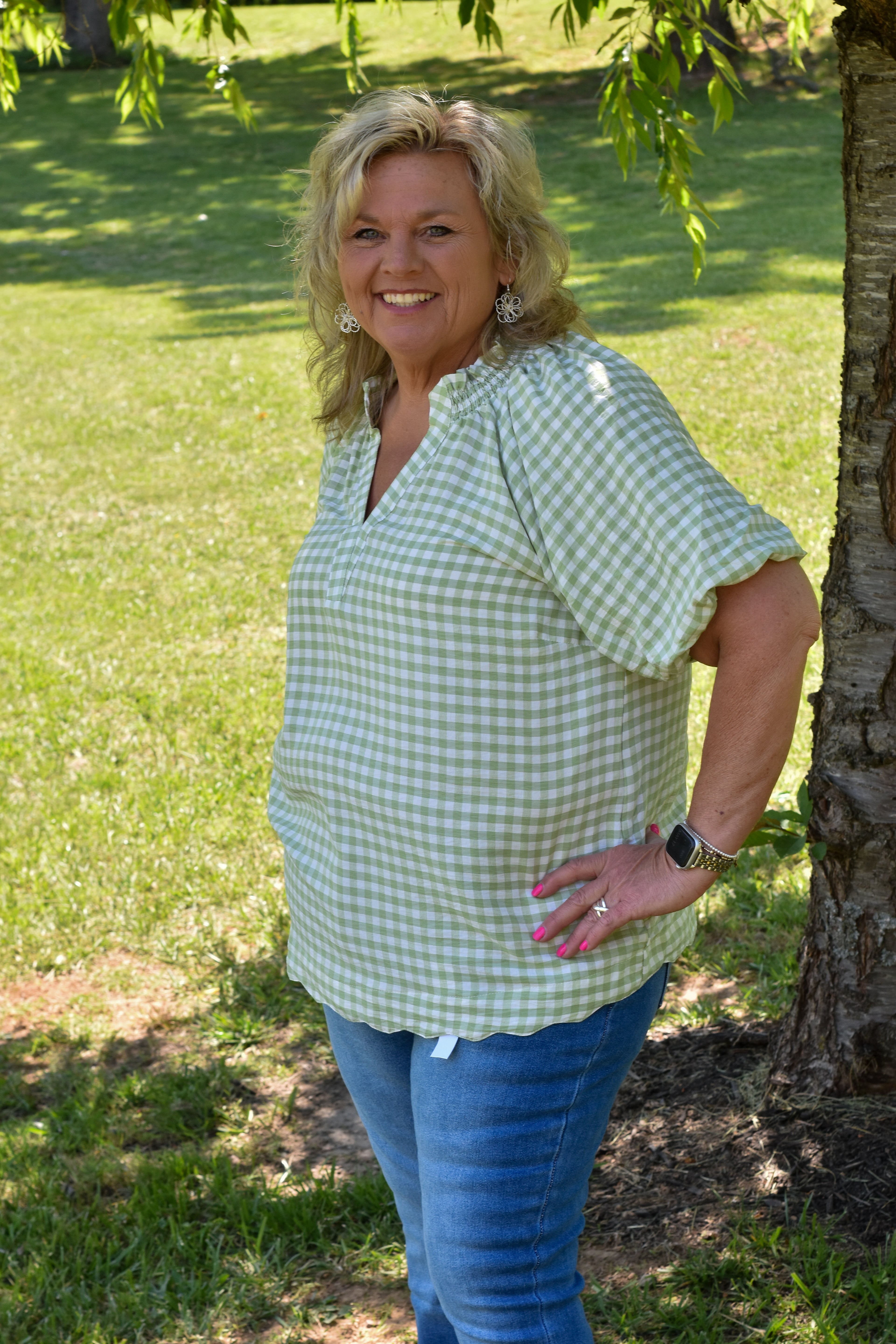 Gingham Bubble Sleeve V-Neck Top w/ Scallop Hem