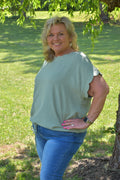 Linen Blend Rolled Sleeve Top: Sage