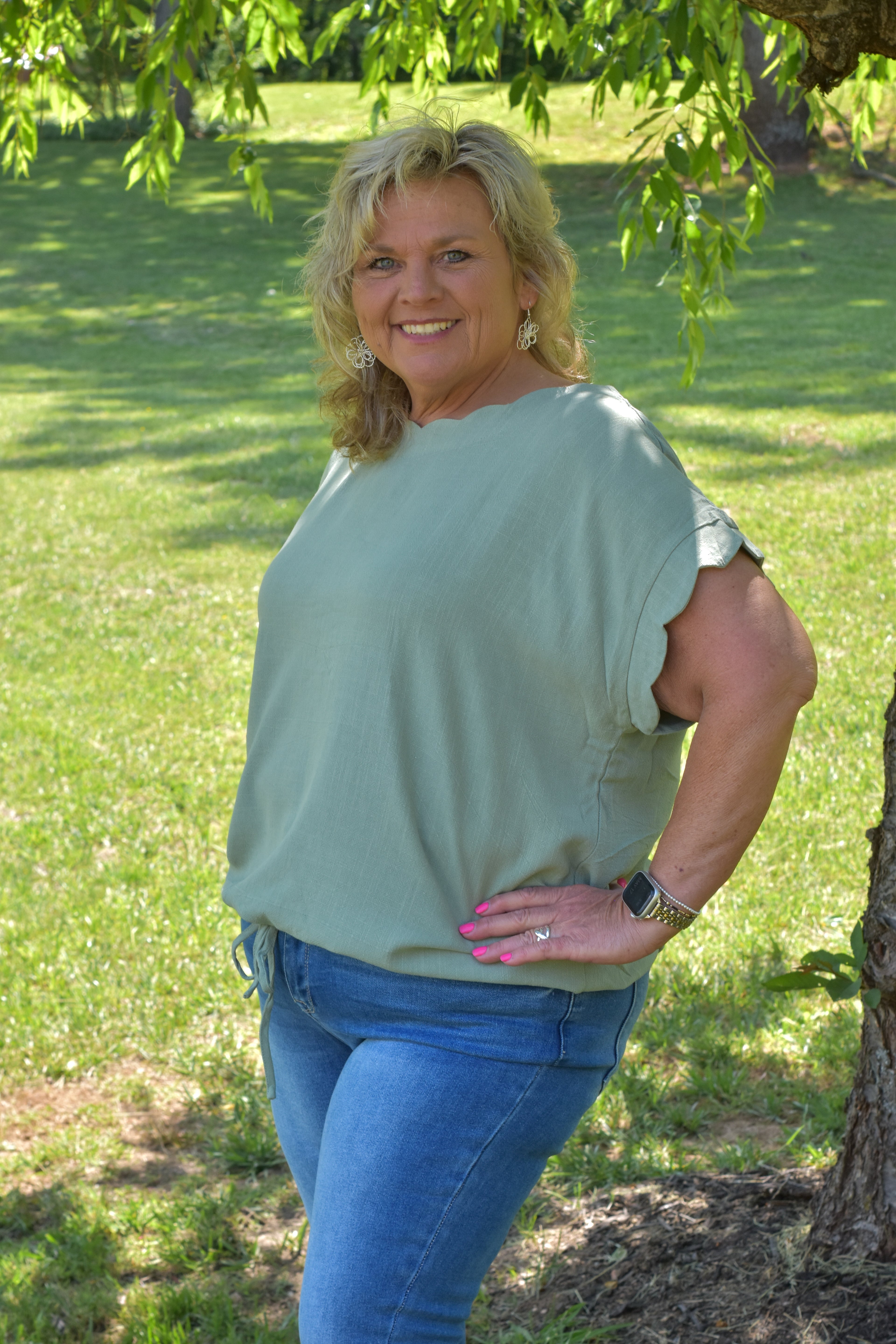 Linen Blend Rolled Sleeve Top: Sage