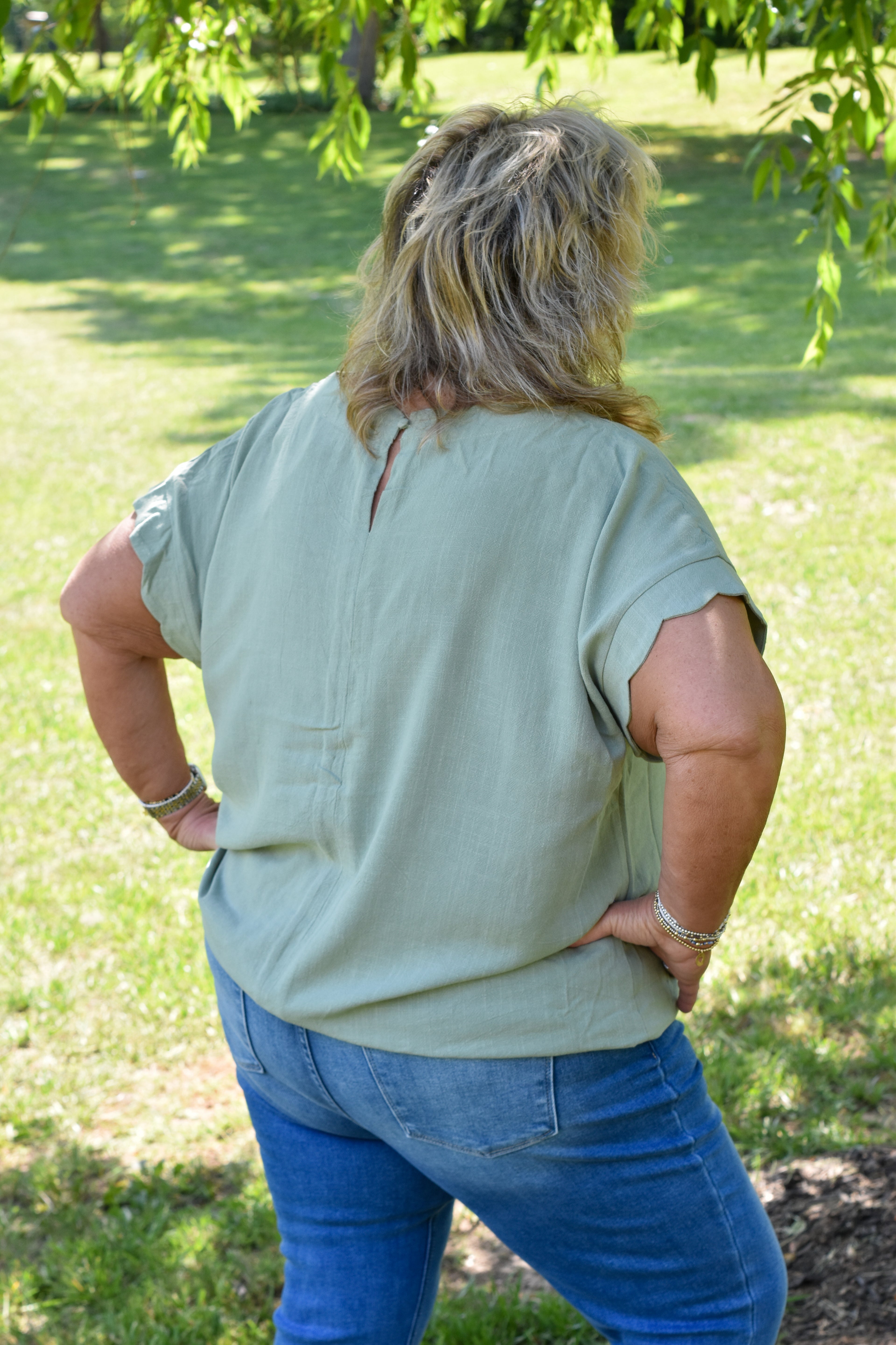 Linen Blend Rolled Sleeve Top: Sage