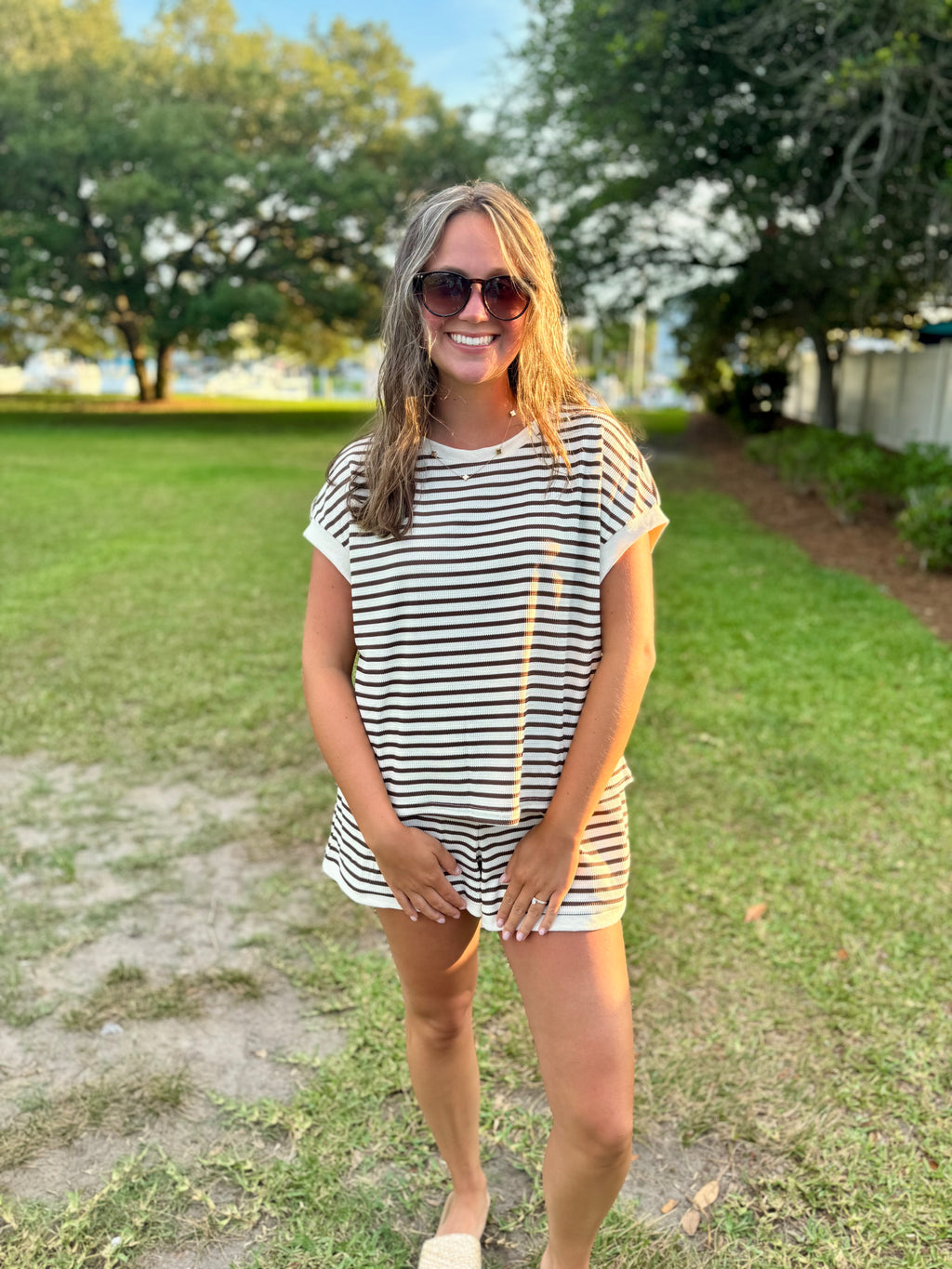 Striped Short Sleeve Top & Shorts Lounge Set: Khaki