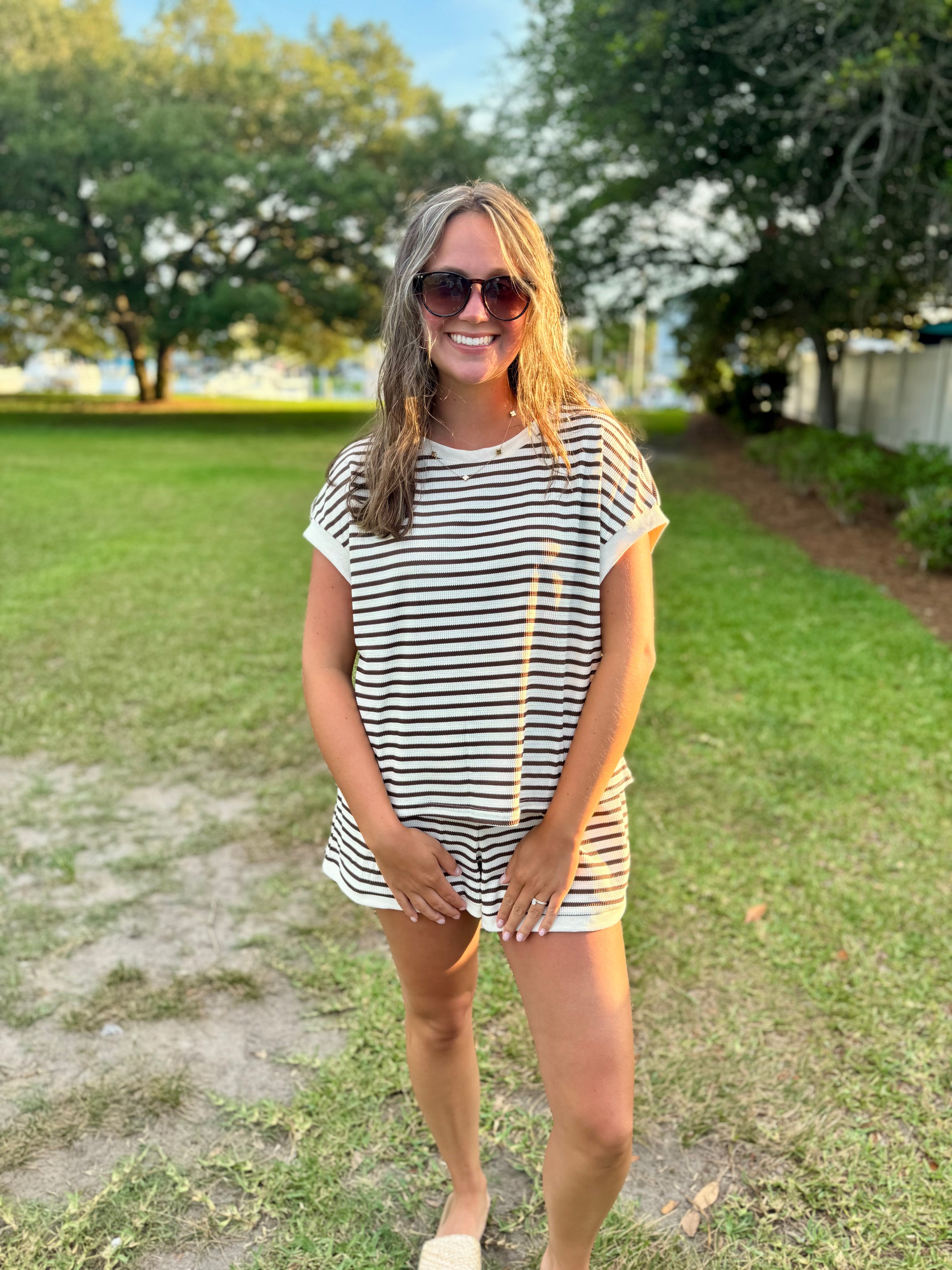Striped Short Sleeve Top & Shorts Lounge Set: Khaki