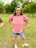 Linen Boxy Cut Round Neckline Top - Mauve