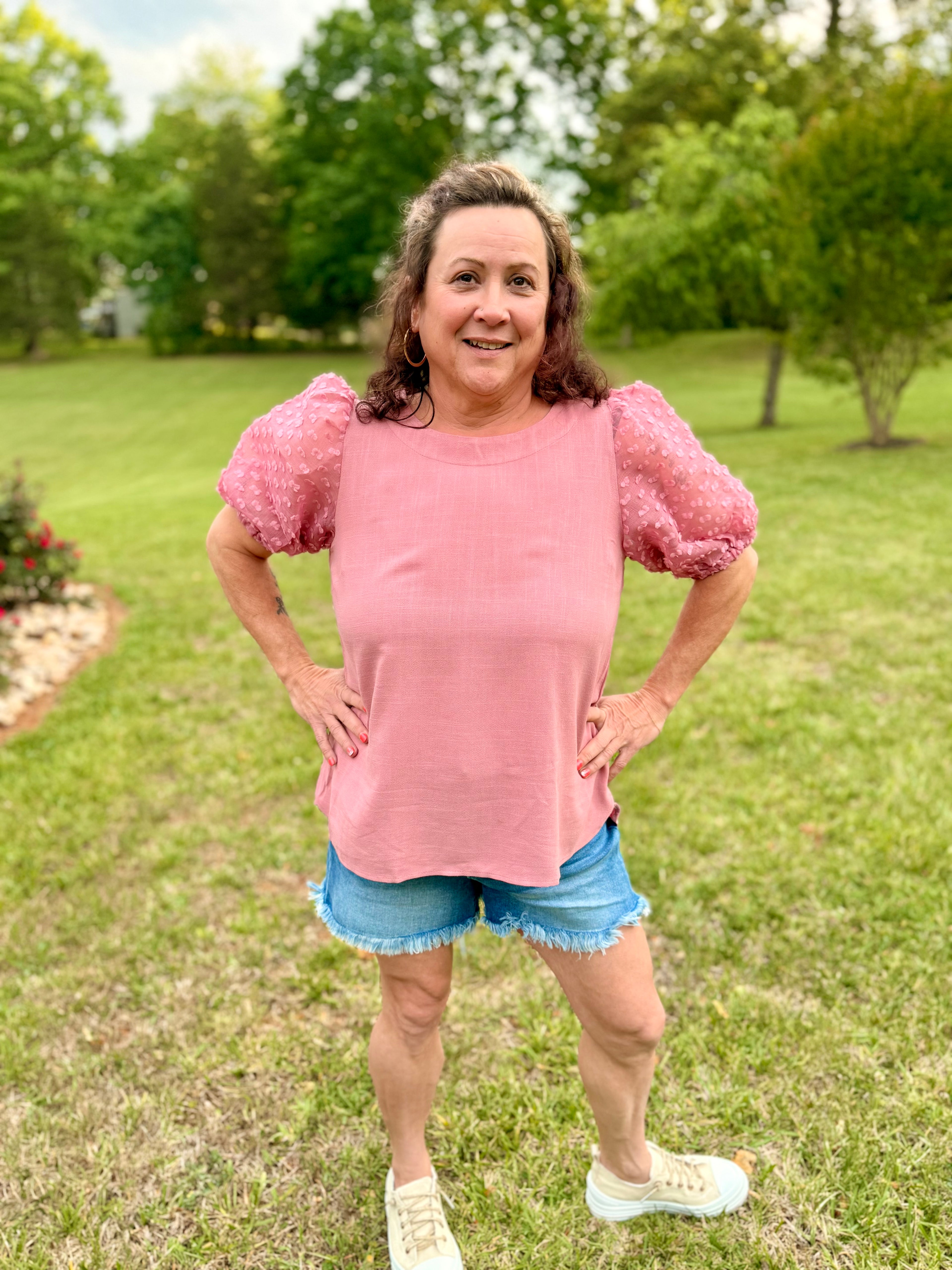 Linen Boxy Cut Round Neckline Top - Mauve