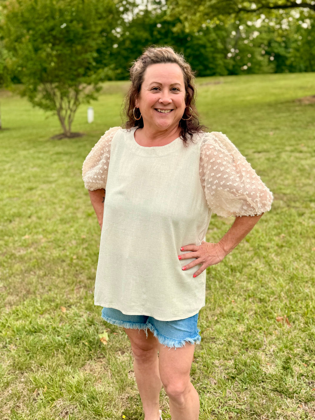 Linen Boxy Cut Round Neckline Top - Oatmeal