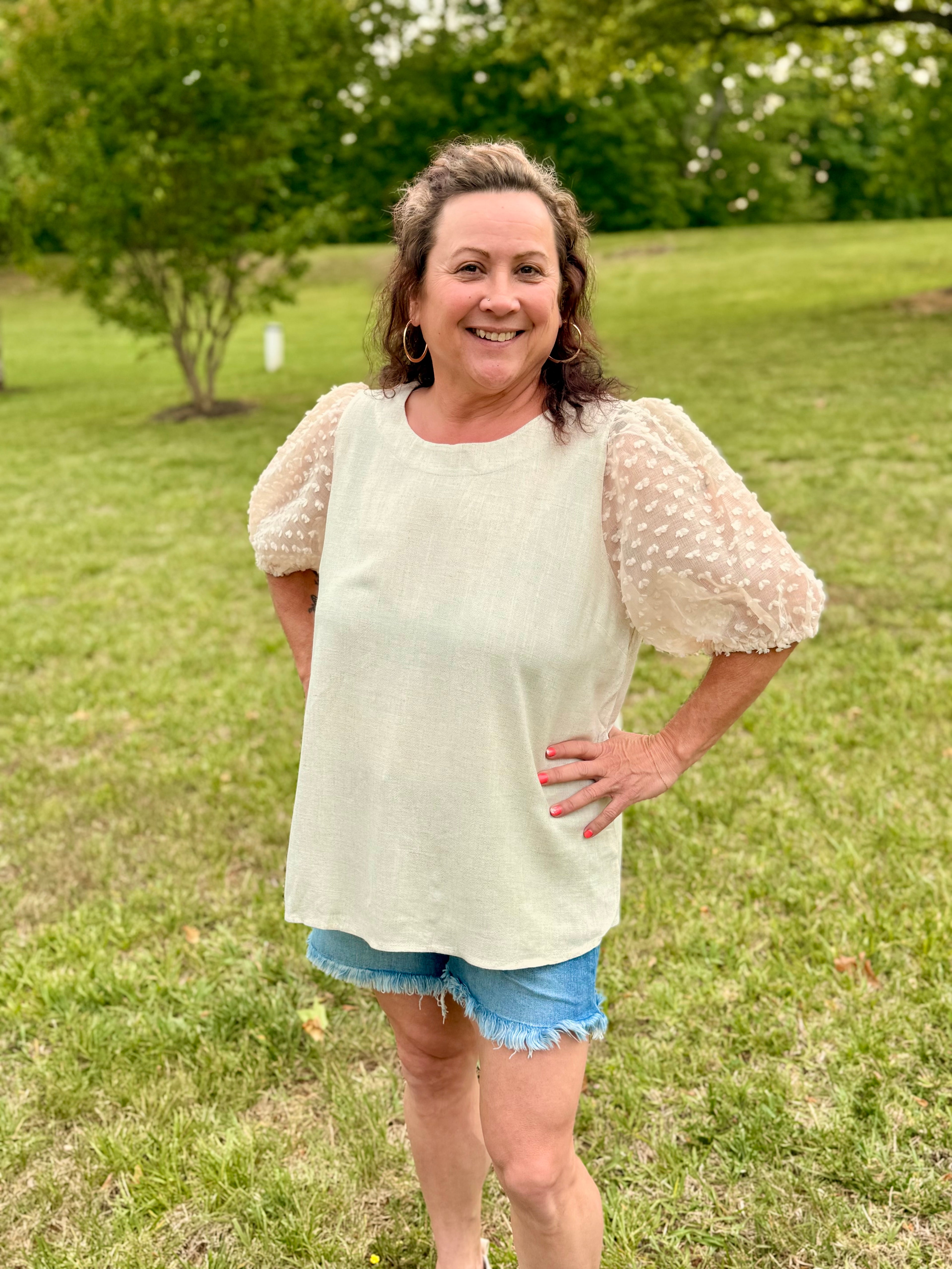 Linen Boxy Cut Round Neckline Top - Oatmeal