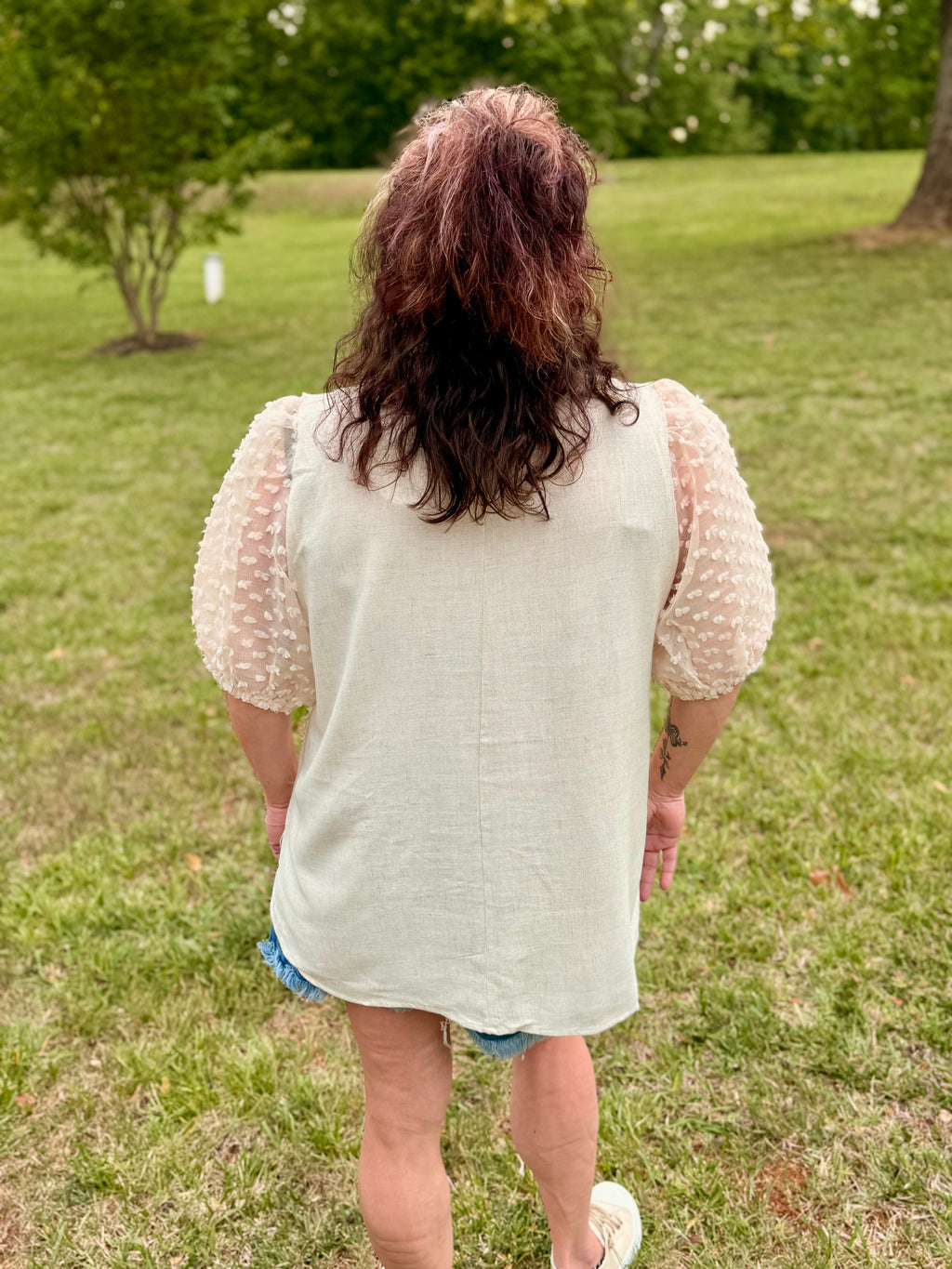 Linen Boxy Cut Round Neckline Top - Oatmeal