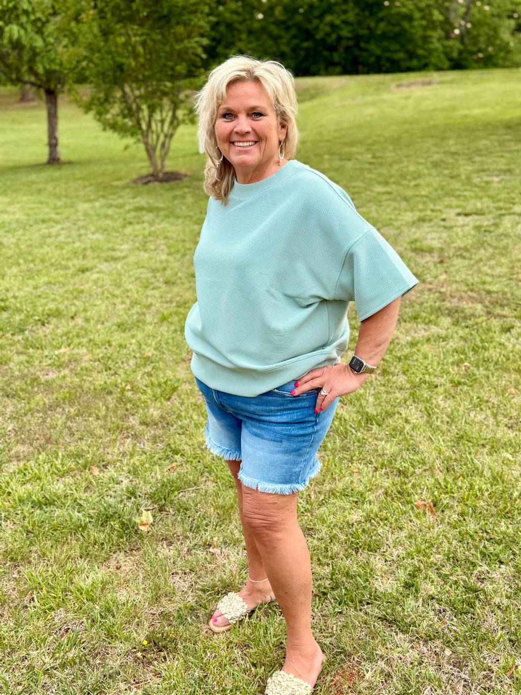 Ribbed Round Neck Waist Banded Shirt - Dusty Green