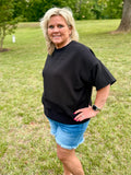 Ribbed Round Neck Waist Banded Shirt - Black