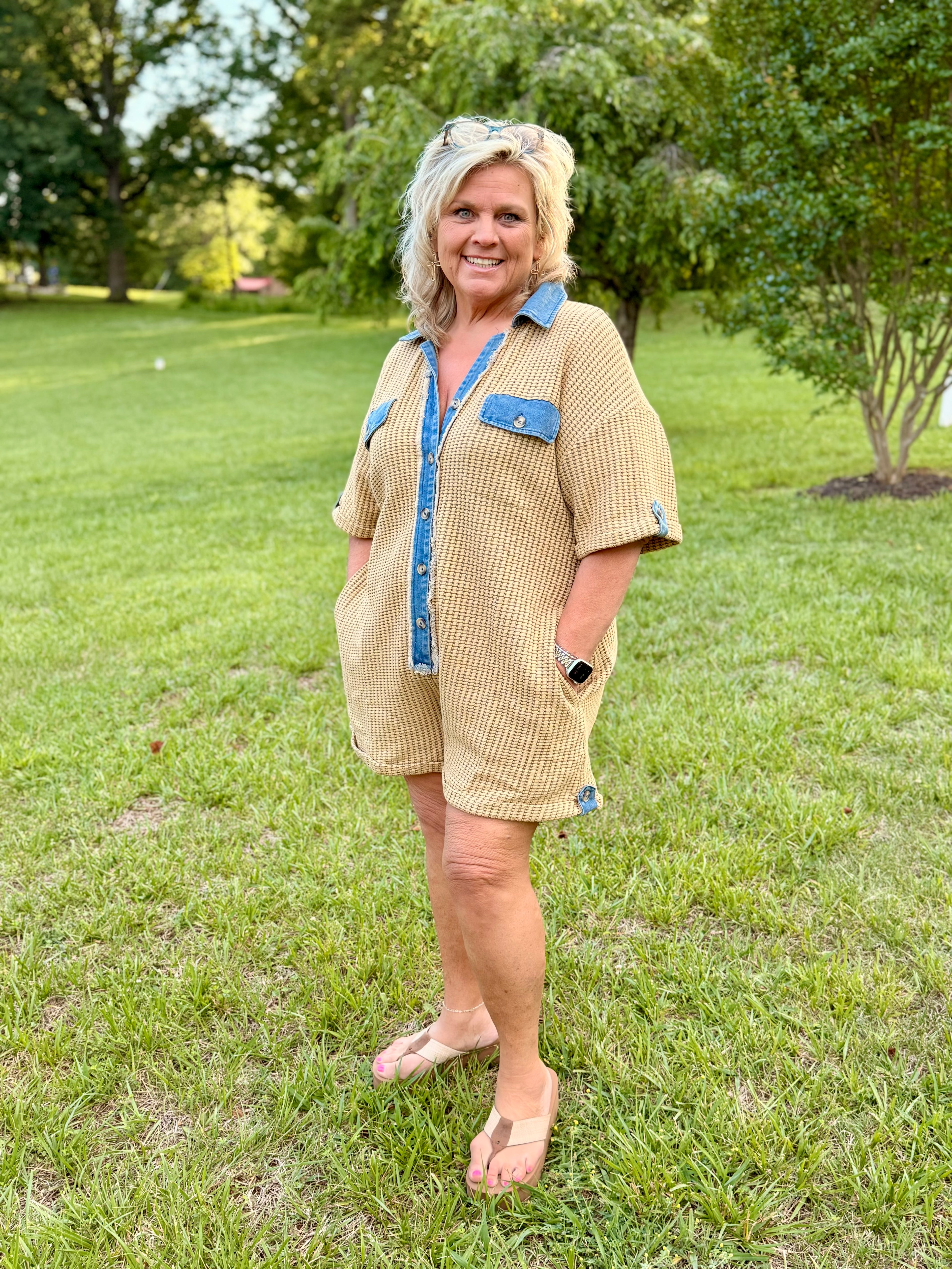 Retro-Remix Waffle Romper: ASH OLIVE