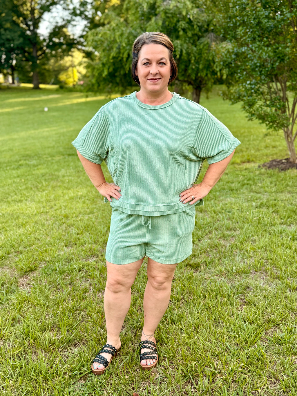 NEW IN — Ribbed Knit Comfy Top & Shorts Set: Sage
