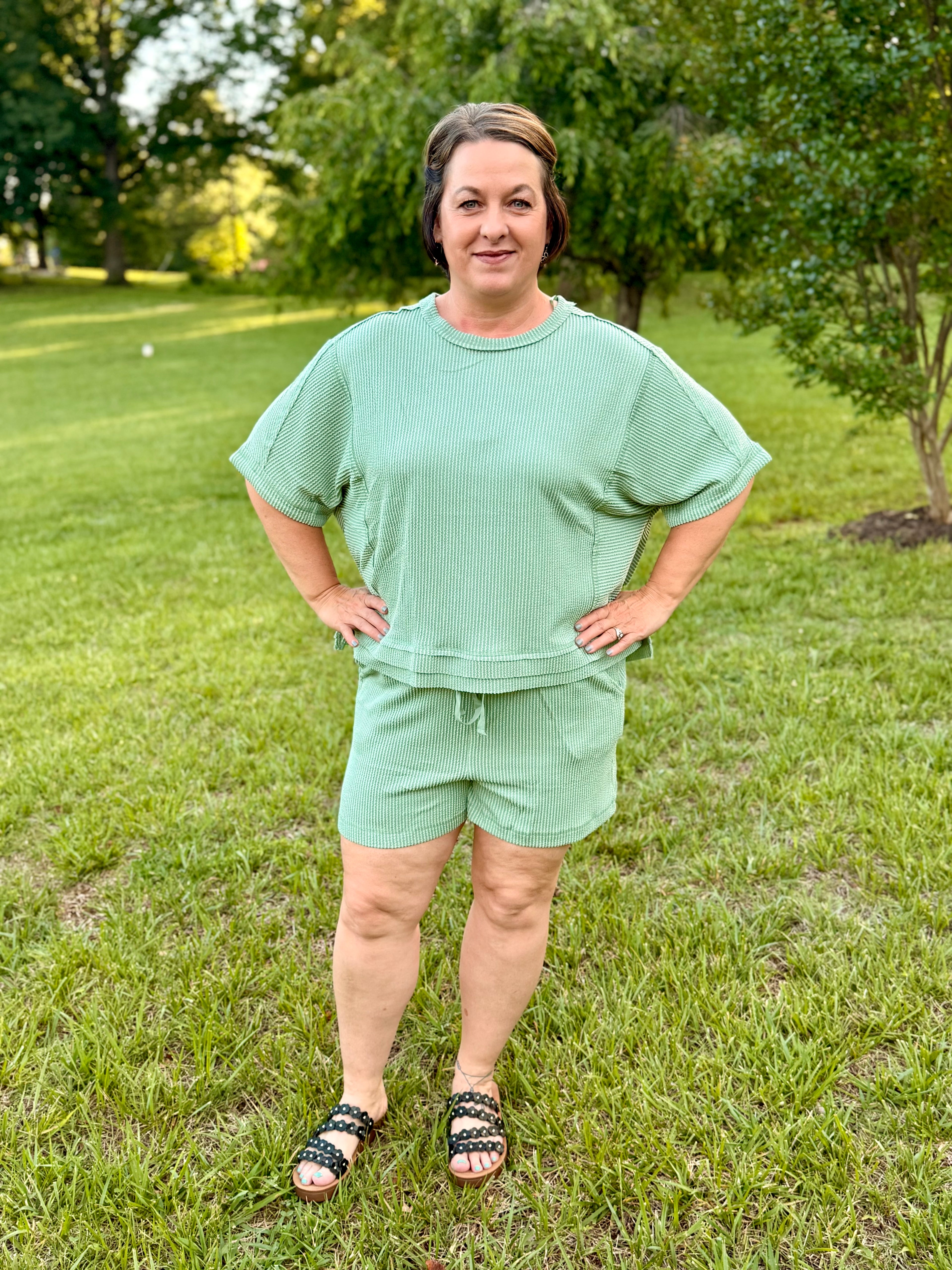 NEW IN — Ribbed Knit Comfy Top & Shorts Set: Sage