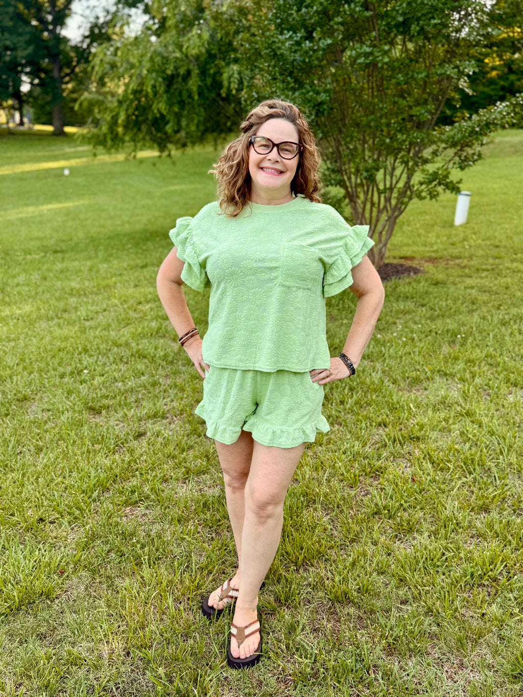 NEW IN — Floral Textured Ruffled Knit Top & Shorts Set: Sage