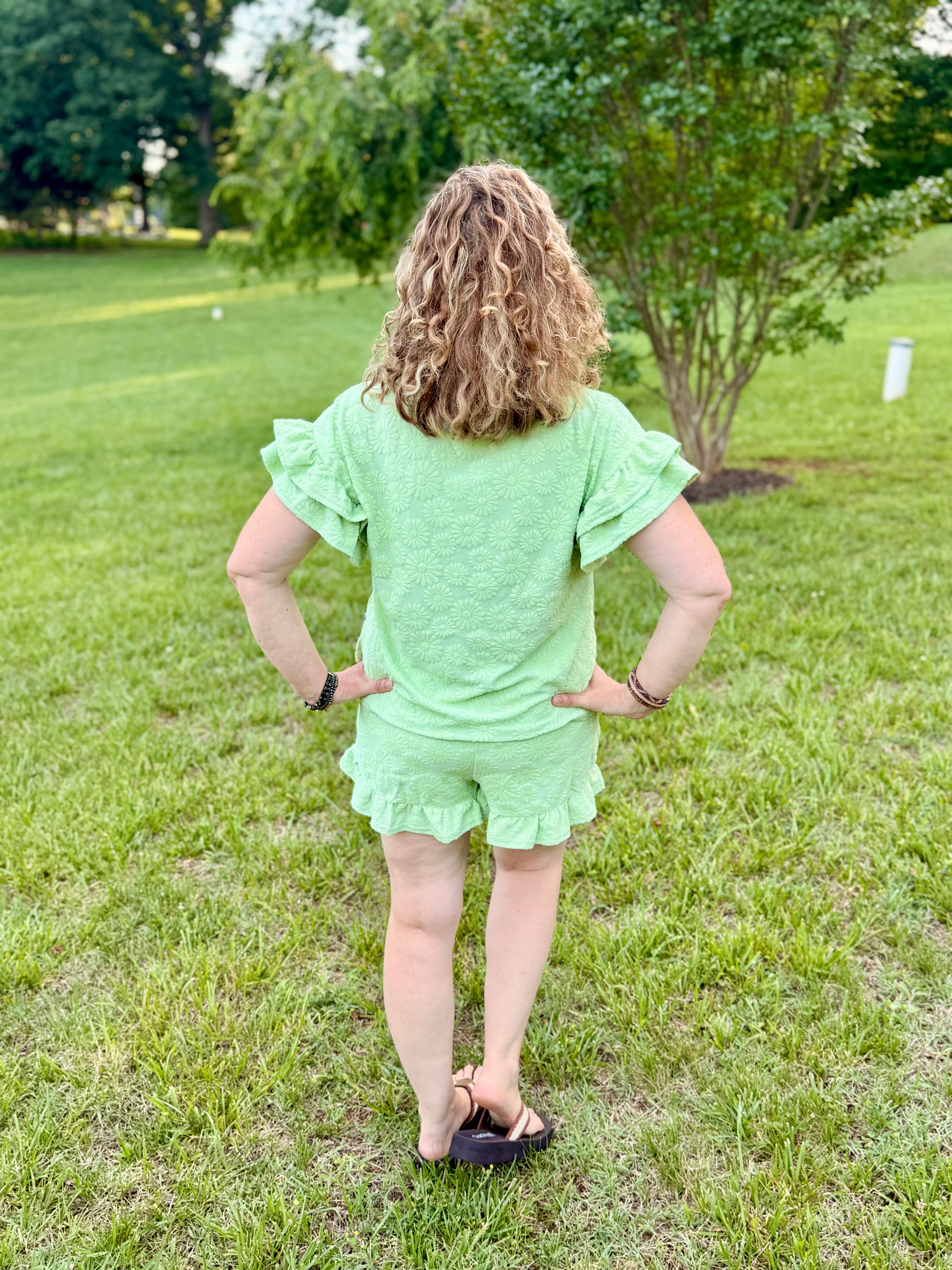 NEW IN — Floral Textured Ruffled Knit Top & Shorts Set: Sage