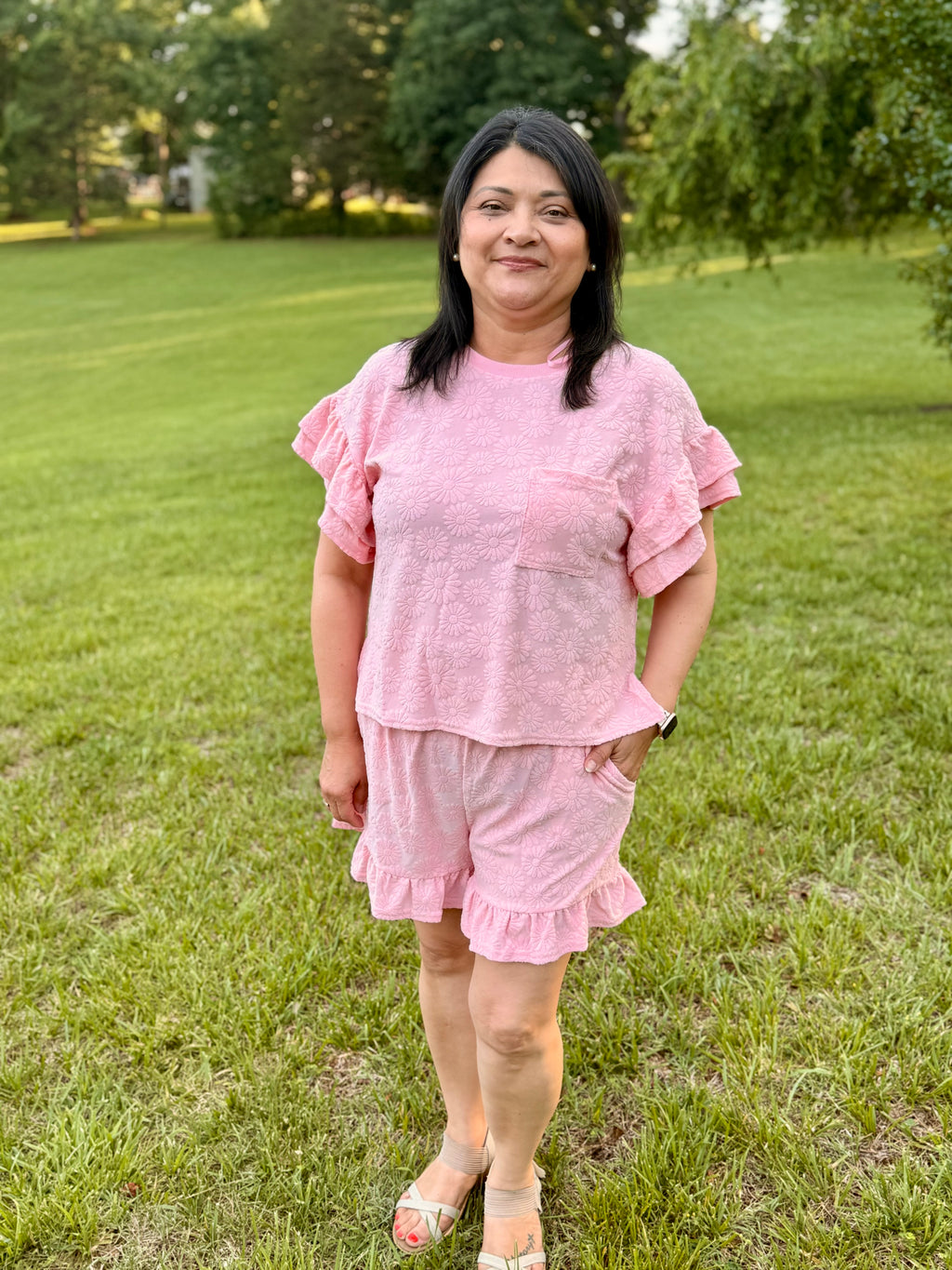 NEW IN — Floral Textured Ruffled Knit Top & Shorts Set: Pink