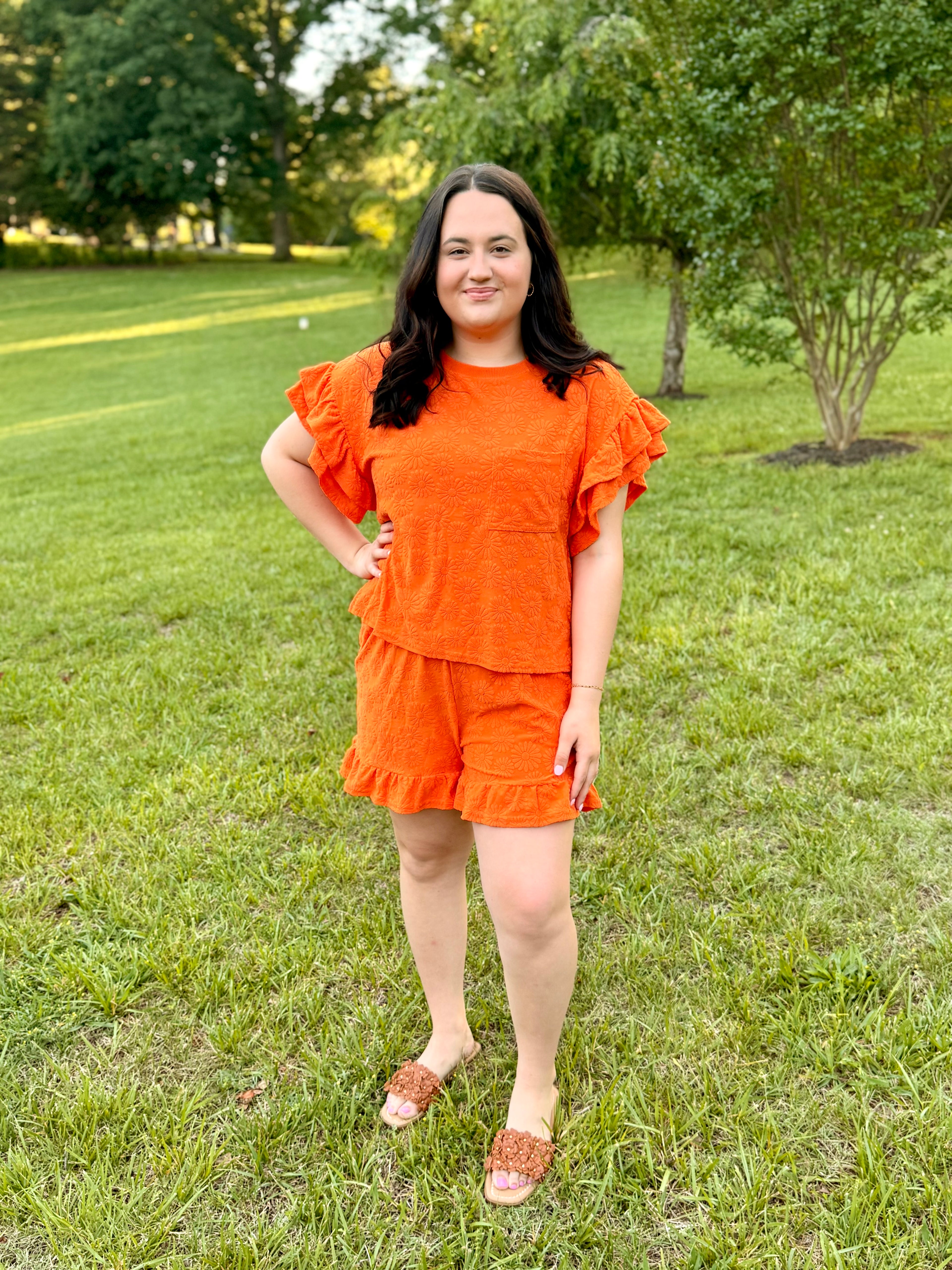 NEW IN — Floral Textured Ruffled Knit Top & Shorts Set: Orange