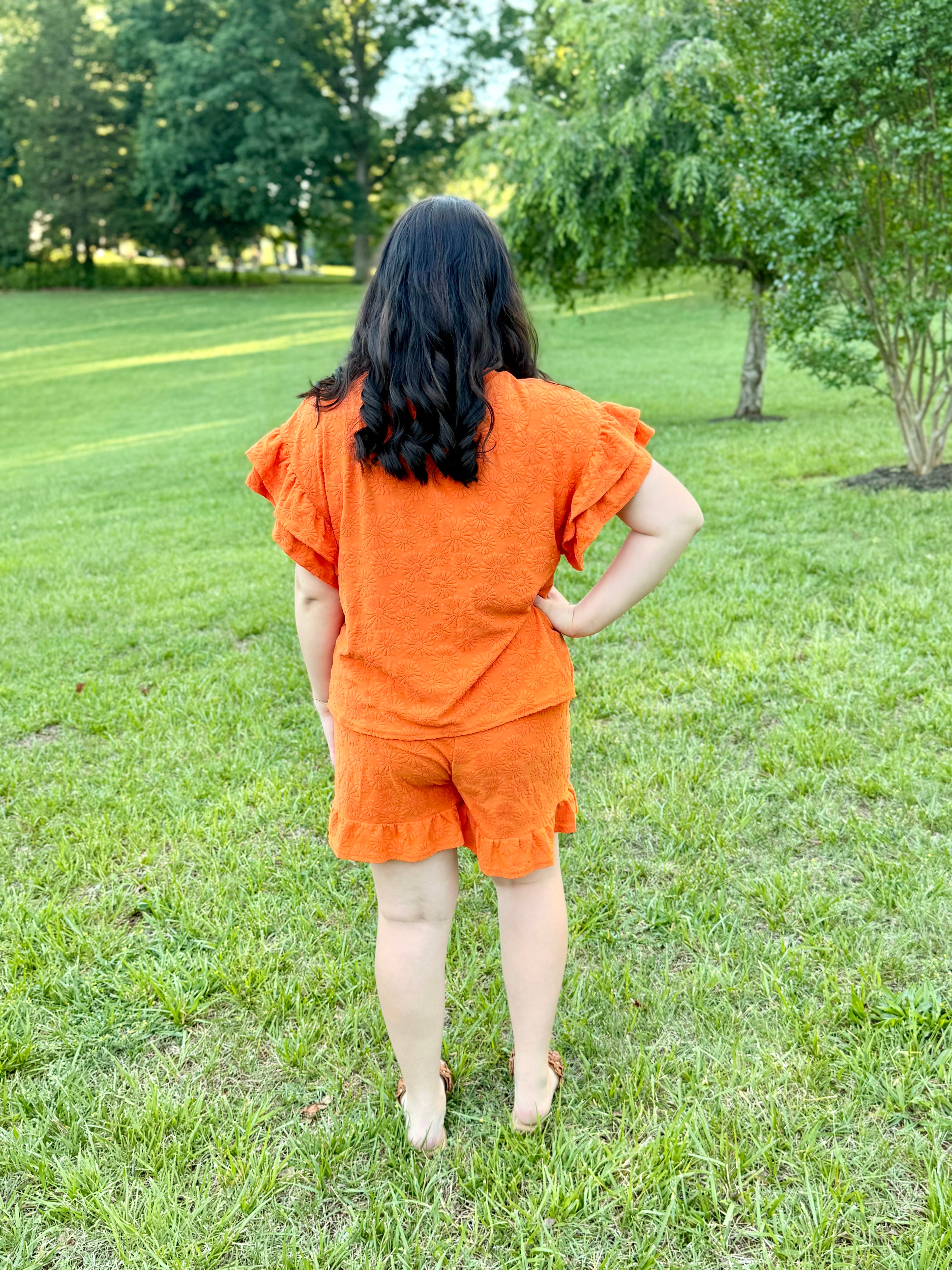 NEW IN — Floral Textured Ruffled Knit Top & Shorts Set: Orange