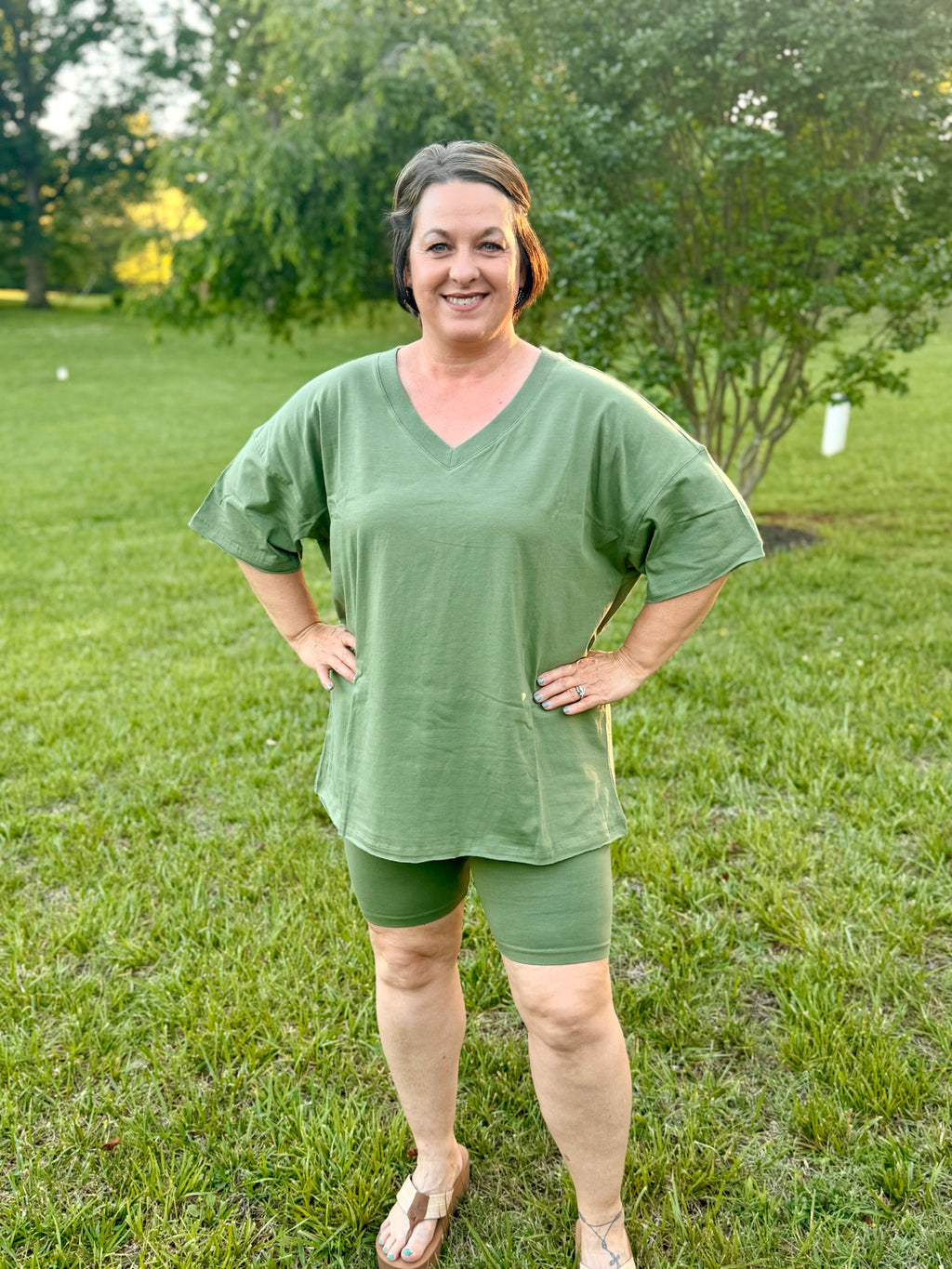 Cotton V-neck Top & Biker Shorts Set: Lt Olive