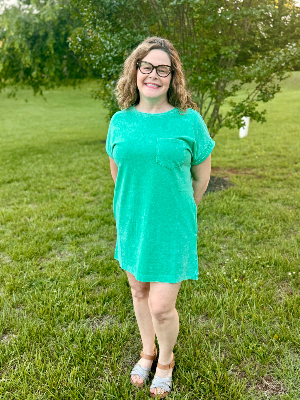 Halo Washed Premium Cotton T-shirts Dress: Dk Green