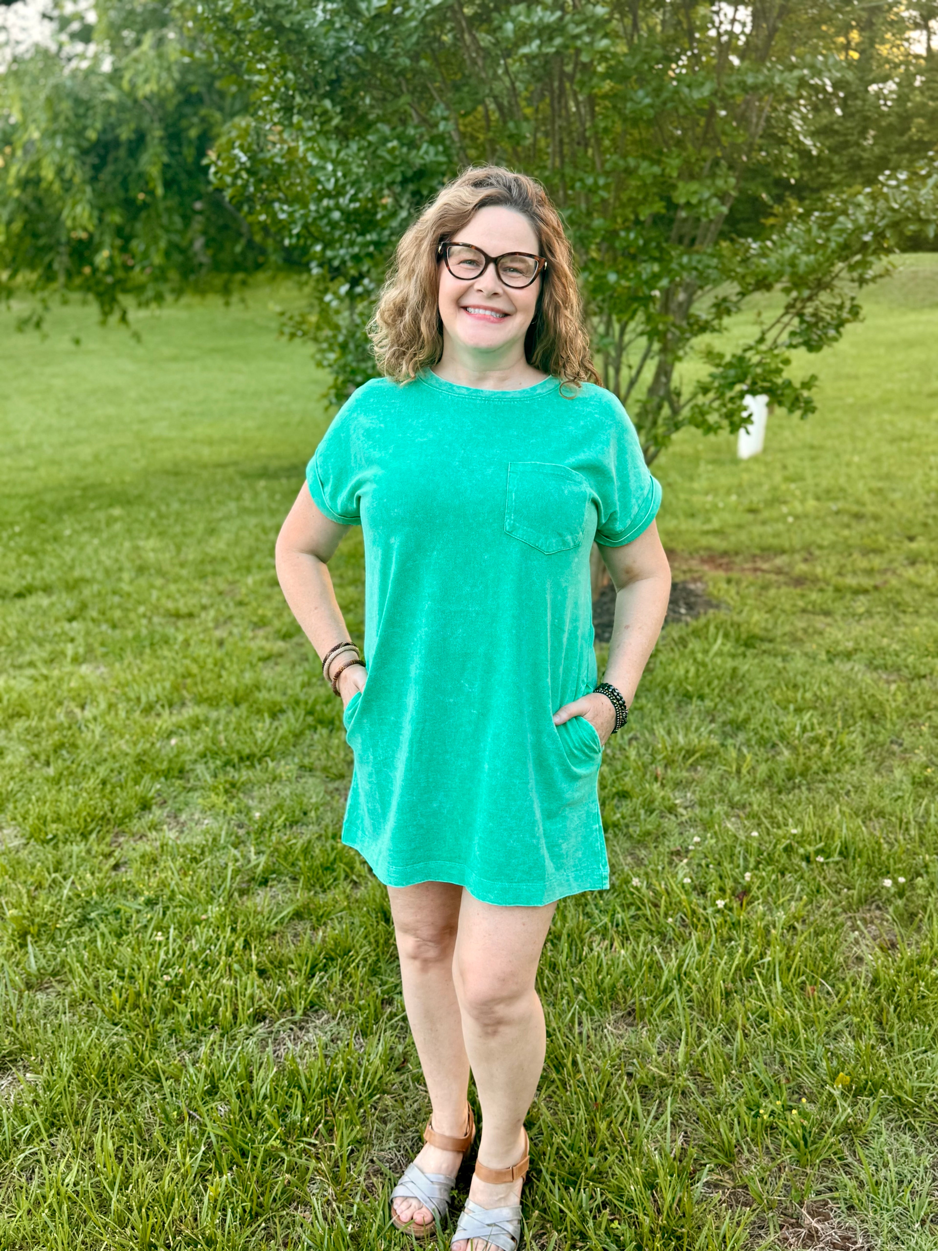 Halo Washed Premium Cotton T-shirts Dress: Dk Green