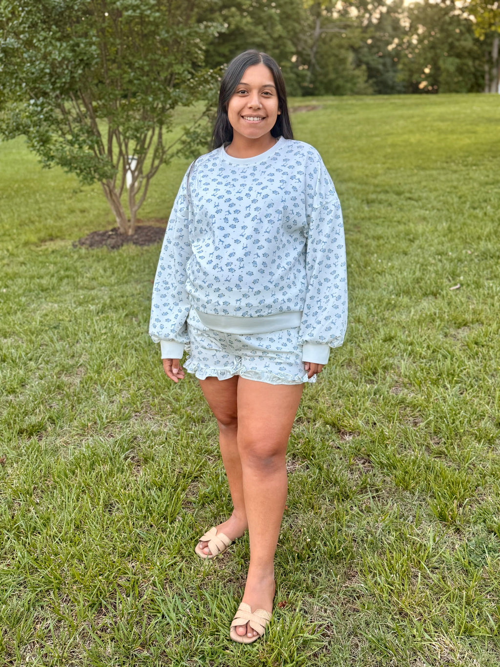 NEW IN — Floral Printed Knit Comfy Top & Shorts Set: IVORY FLORAL