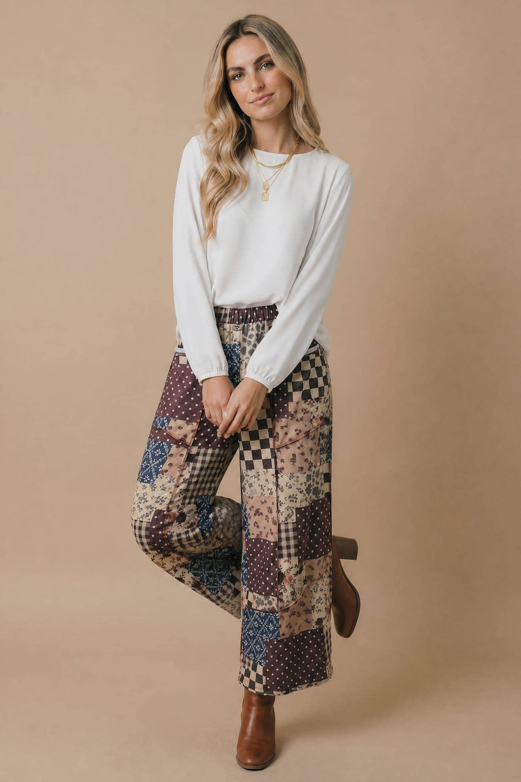 Patchwork Floral French Terry Pants: BROWN