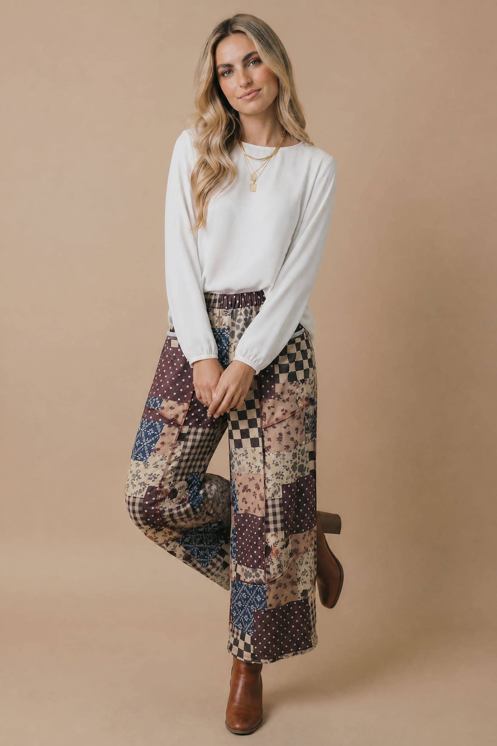 Patchwork Floral French Terry Pants: BROWN