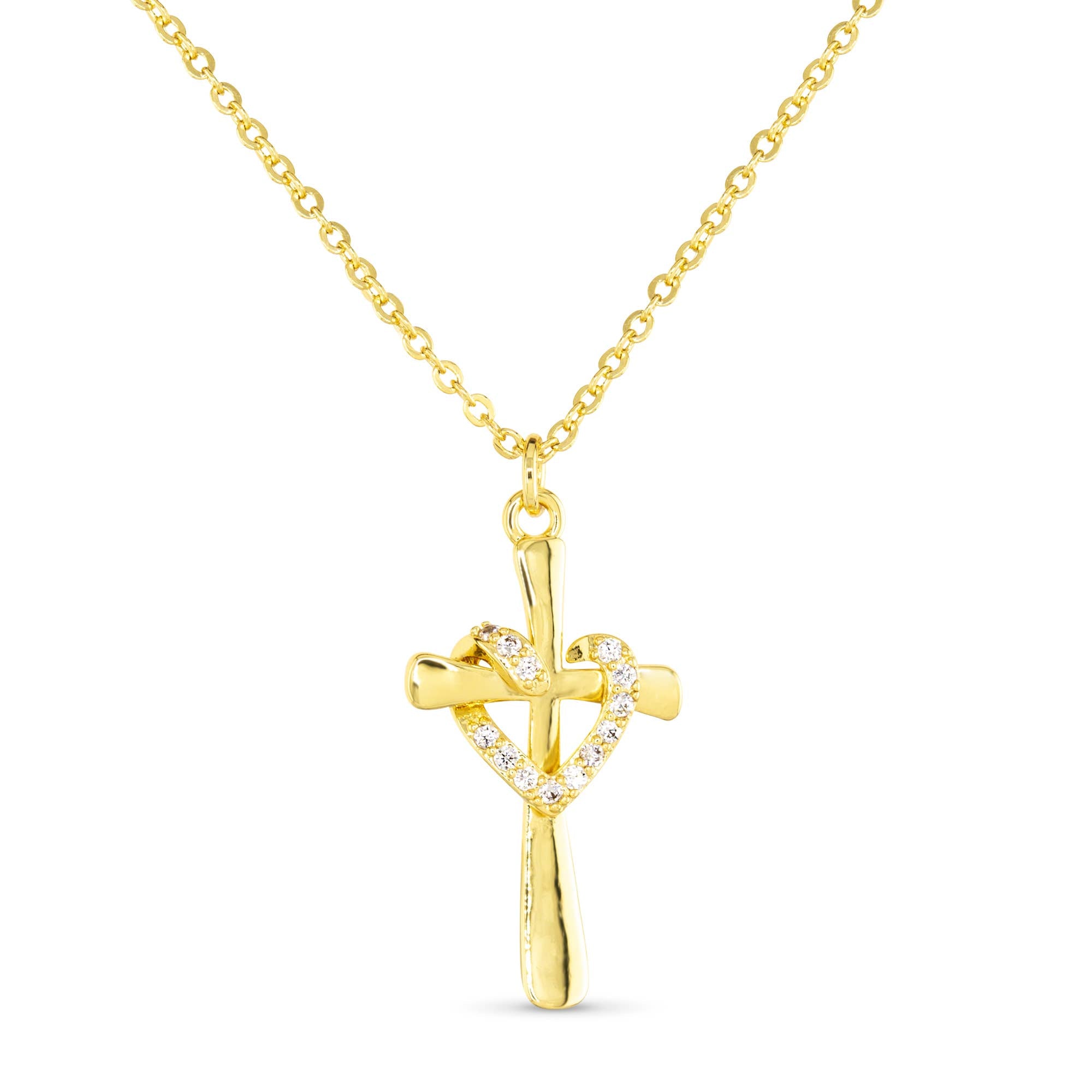 Gold CZ Cross Heart Necklace