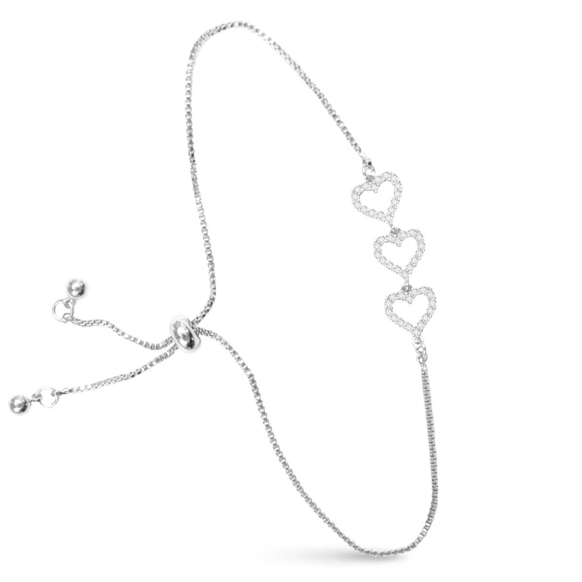 Triple Heart CZ Pull Cord Bracelet  -  Silver
