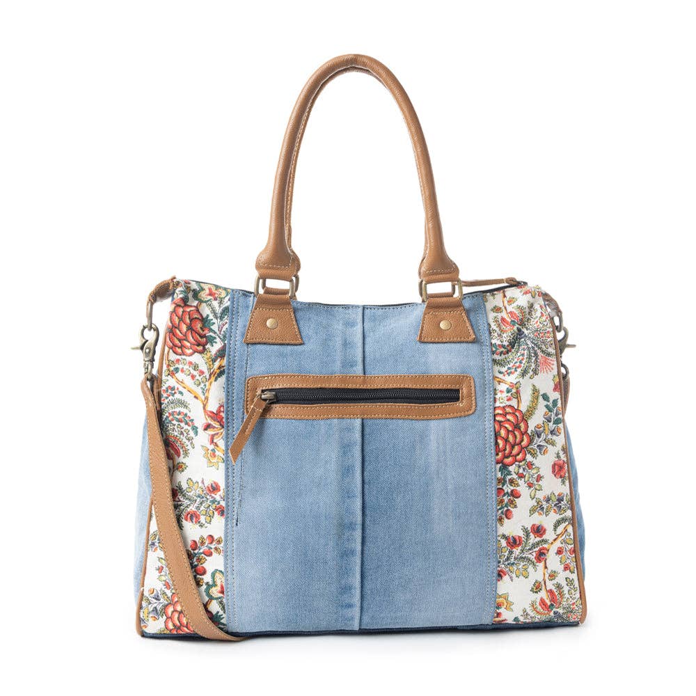 Crimson Glade Tote Bag: Denim & Floral